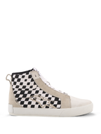 Alpinestars Ride-63 Canvas Shoes, zapatillas de moto urbanas de caña alta, paneles laterales con diseño de cuadros blancos y negros, refuerzos de ante beige, suela vulcanizada blanca, calzado casual inspirado en el motociclismo