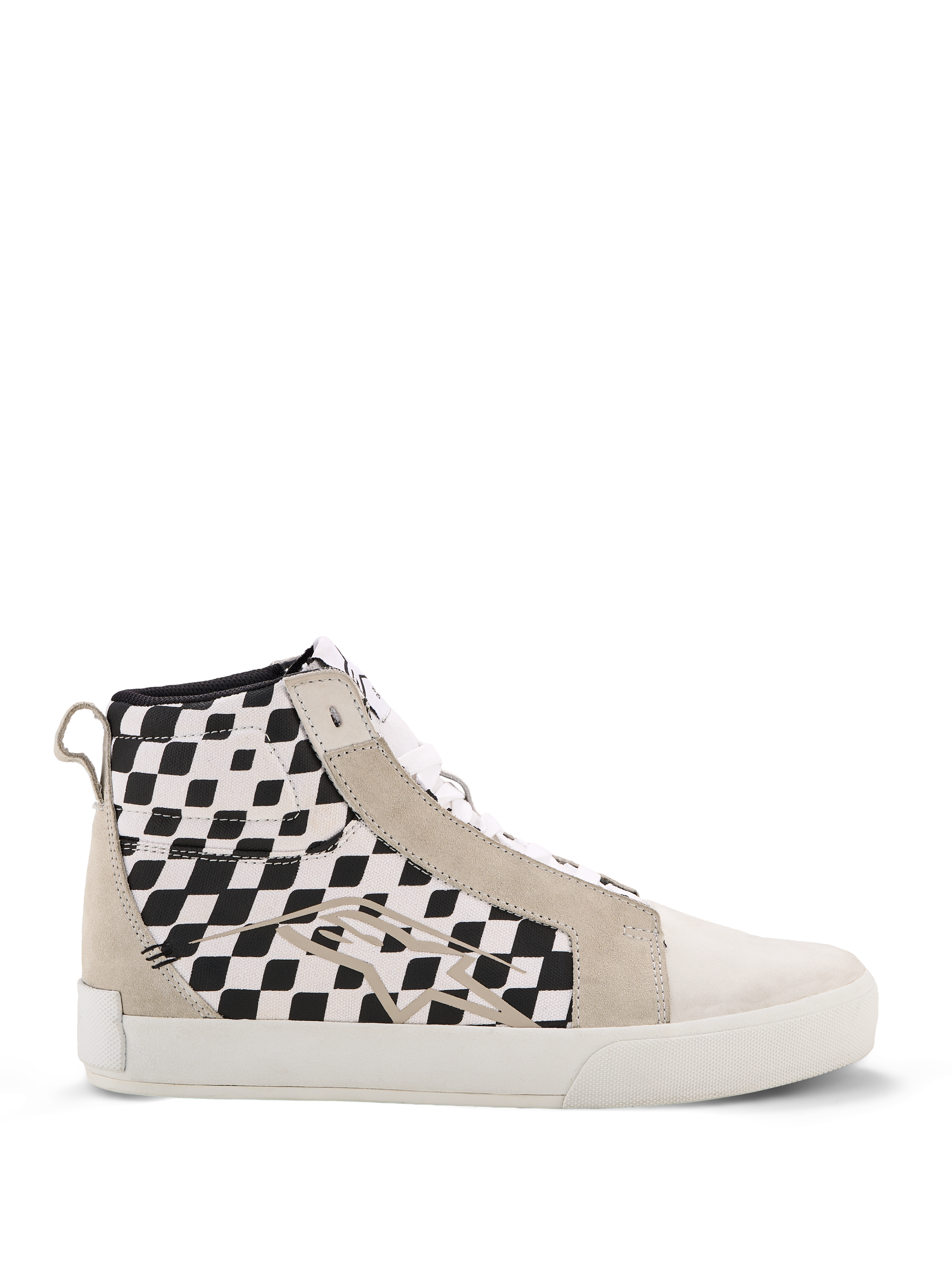 Alpinestars Ride-63 Canvas Shoes, zapatillas de moto urbanas de caña alta, paneles laterales con diseño de cuadros blancos y negros, refuerzos de ante beige, suela vulcanizada blanca, calzado casual inspirado en el motociclismo