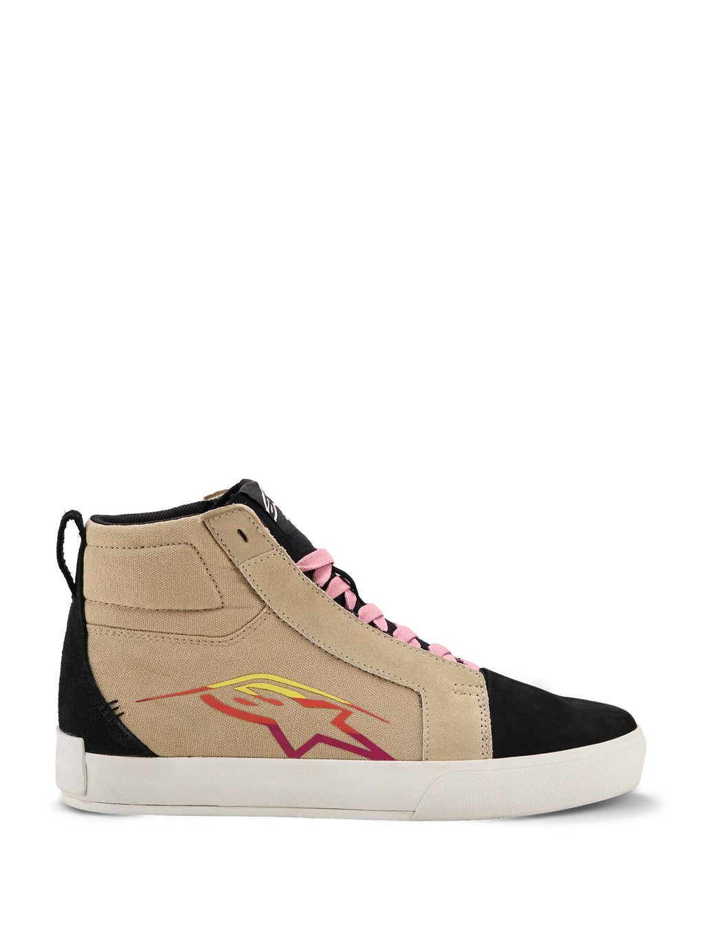 Alpinestars Ride-63 Canvas Shoes, zapatillas altas, beige y negro, cordones rosas, suela blanca, logotipo de estrella multicolor en rojo y amarillo, textura similar al ante, calzado casual inspirado en el automovilismo