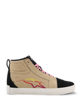 Alpinestars Ride-63 Canvas Shoes, zapatillas altas, beige y negro, cordones rosas, suela blanca, logotipo de estrella multicolor en rojo y amarillo, textura similar al ante, calzado casual inspirado en el automovilismo