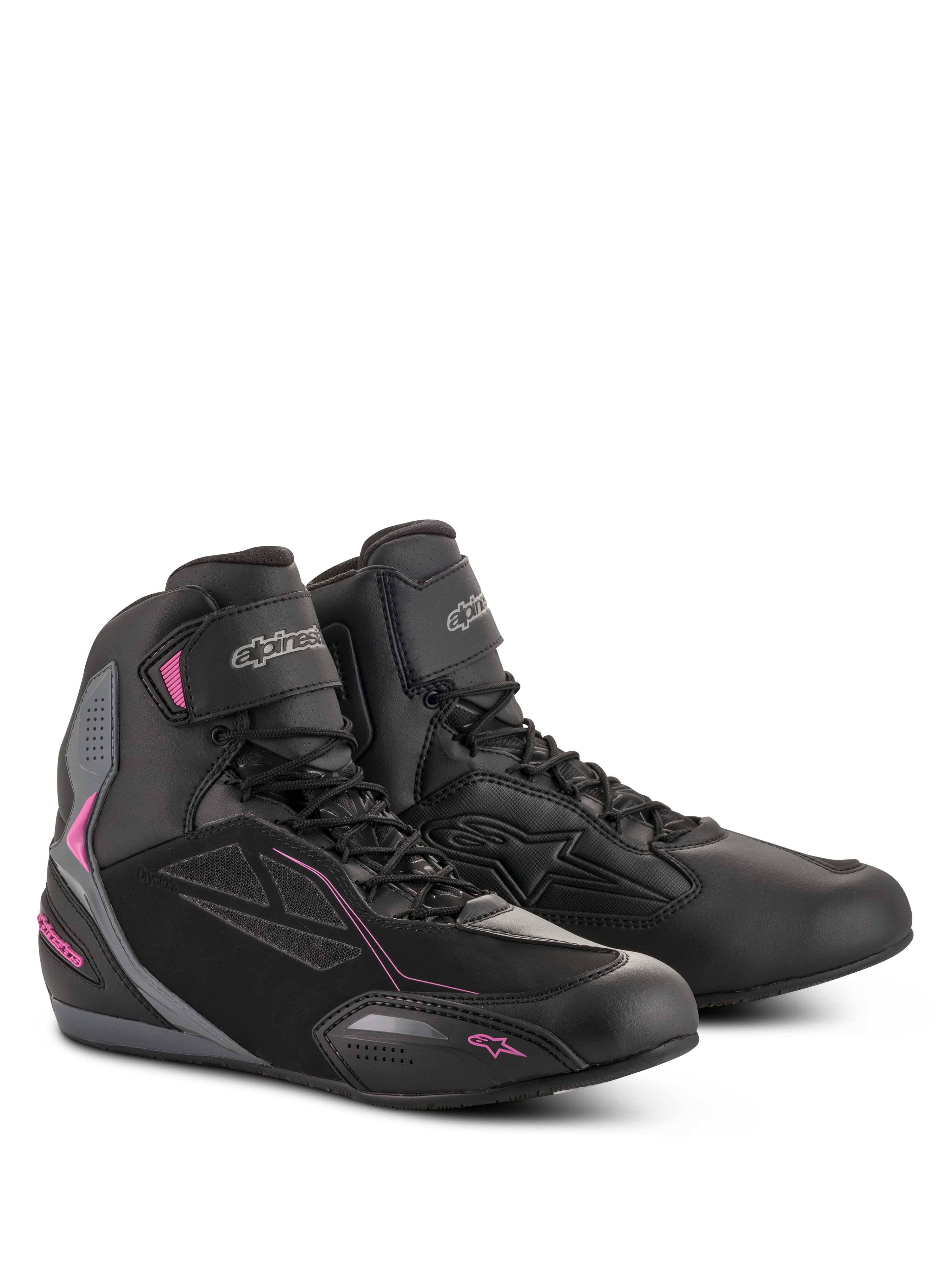 Zapatos Alpinestars Stella Faster-3 Drystar para mujer, calzado para motociclismo, negro, gris oscuro y fucsia, confección en microfibra impermeable y ante de PU, cierre de cordones con correa de velcro en el tobillo, diseño deportivo urbano elegante