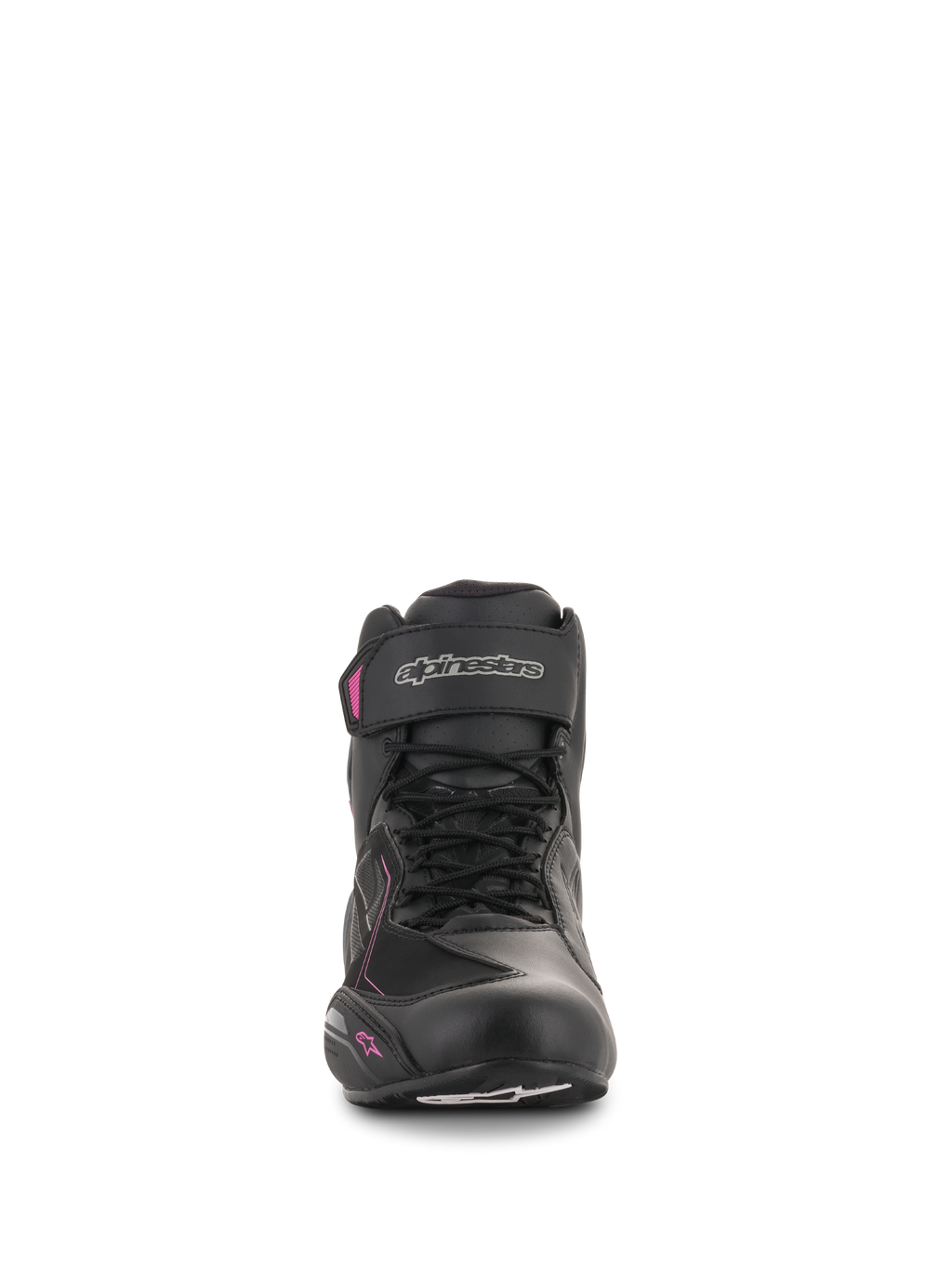 Zapatos Alpinestars Stella Faster-3 Drystar® para mujer, calzado para motociclismo, negro, gris oscuro y fucsia, vista frontal que muestra el cierre de cordones, correa en el tobillo con logotipo plateado y detalles en rosa sobre un perfil femenino.