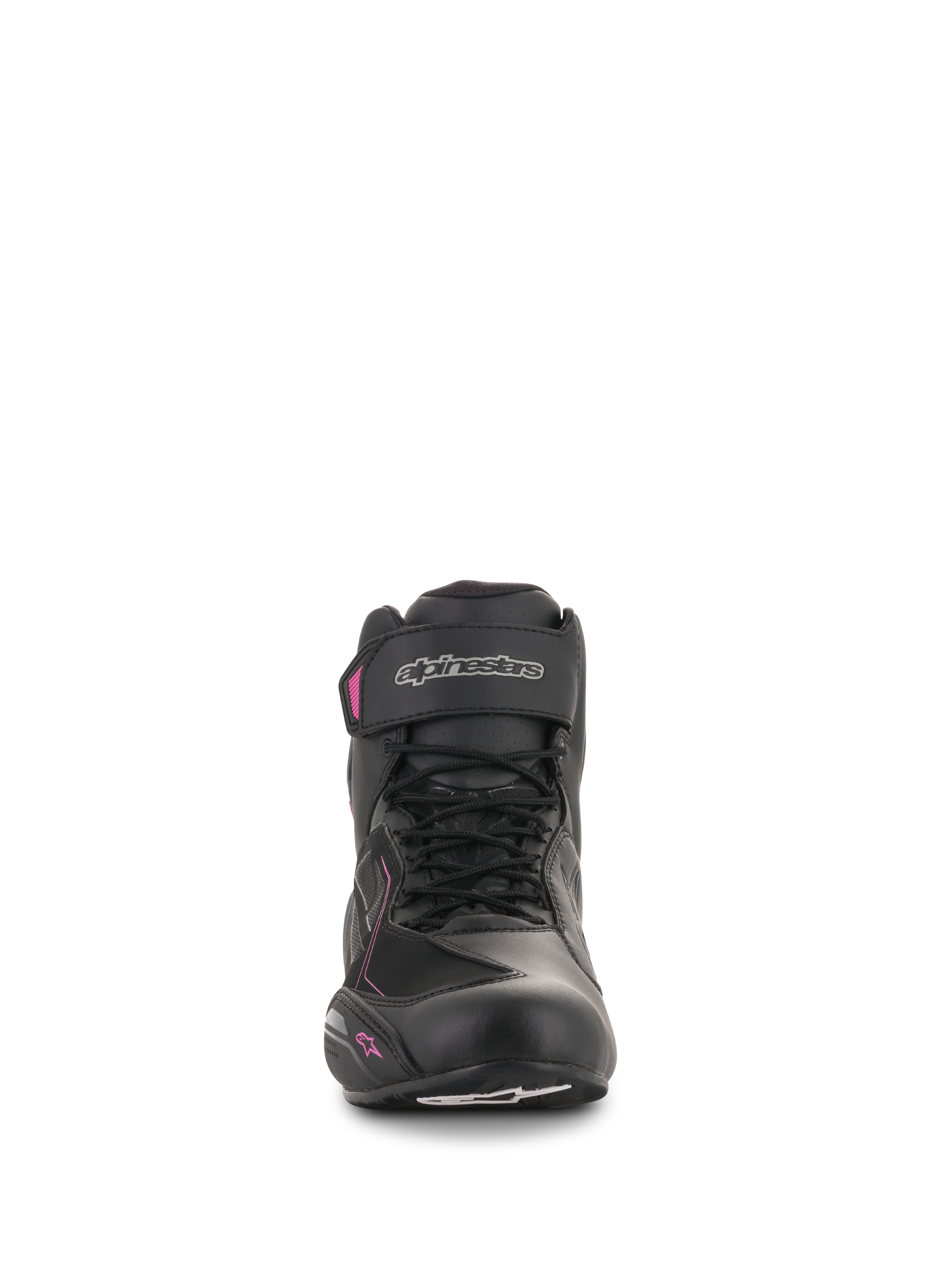 Zapatos Alpinestars Stella Faster-3 Drystar® para mujer, calzado para motociclismo, negro, gris oscuro y fucsia, vista frontal que muestra el cierre de cordones, correa en el tobillo con logotipo plateado y detalles en rosa sobre un perfil femenino.