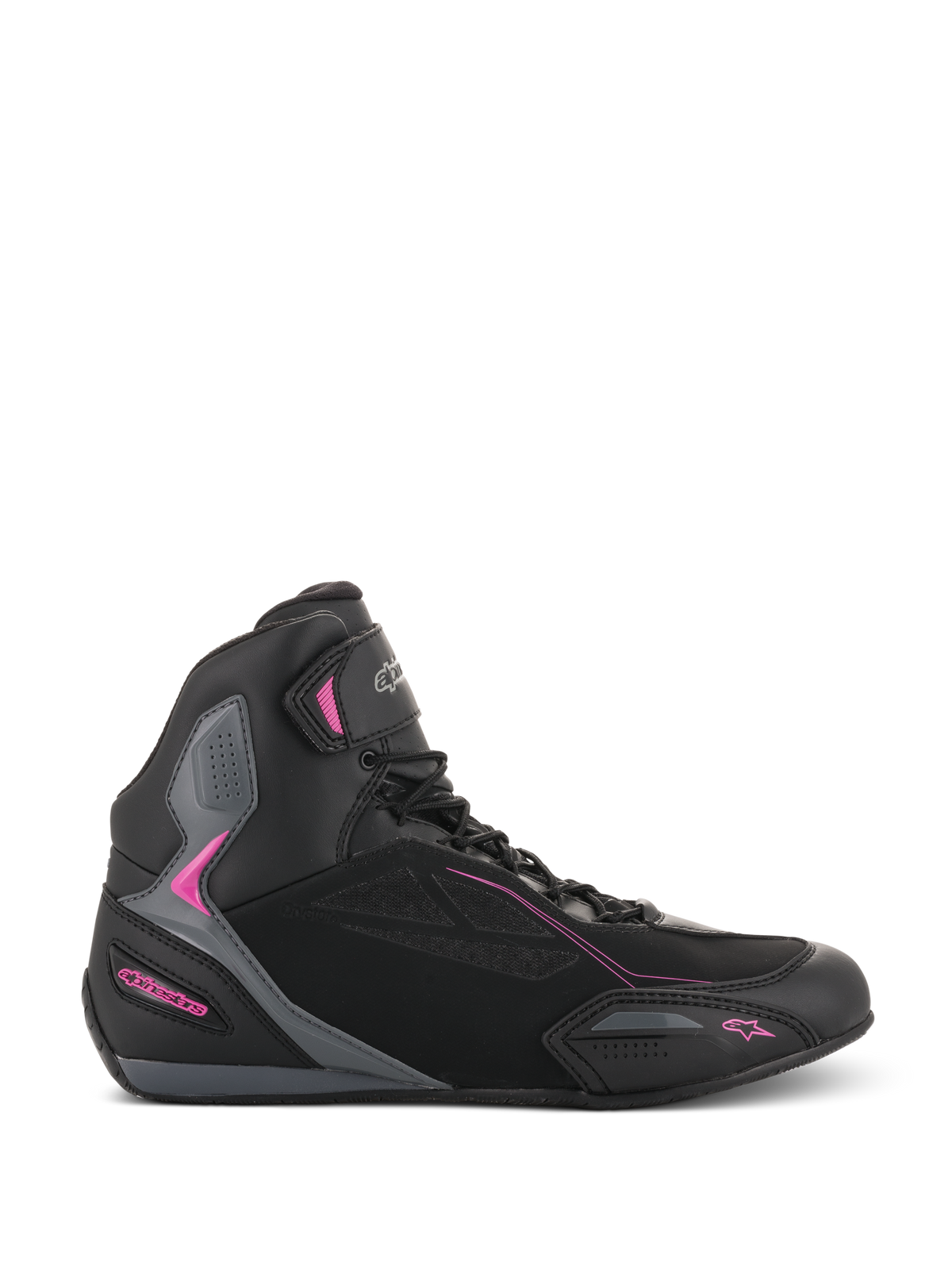 Alpinestars Women Stella Faster-3 Drystar Shoes, Motorcycle Riding Sneakers, Black with Dark Gray and Fuchsia pink accents, side profile showing high-top silhouette, lace-up closure with Velcro ankle strap, and reinforced protective panels.
