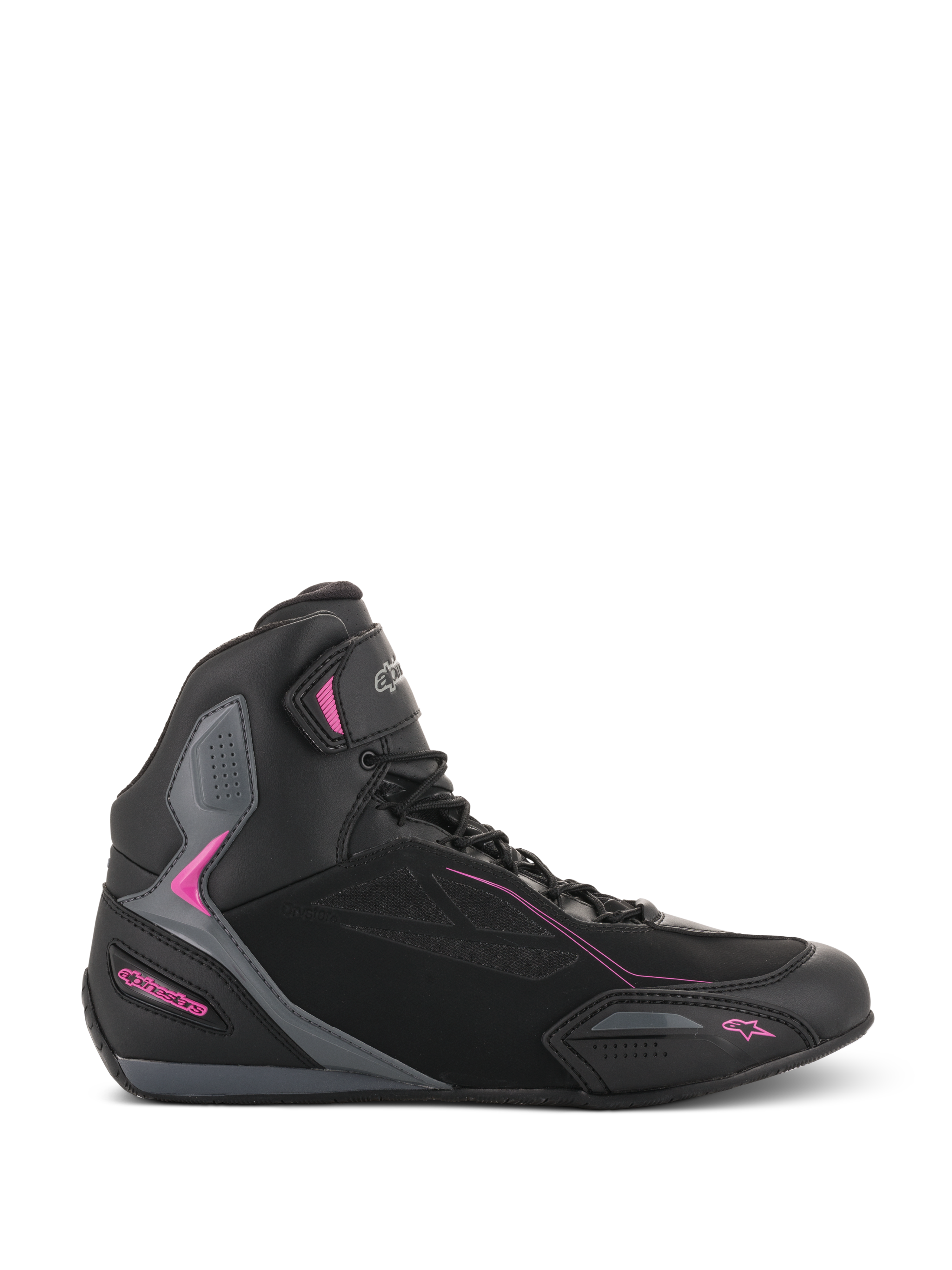 Alpinestars Stella Faster-3 Drystar, zapatillas de moto para mujer, negras con detalles en gris oscuro y rosa fucsia, perfil lateral con silueta de caña alta, cierre de cordones con correa de velcro en el tobillo y paneles de protección reforzados.