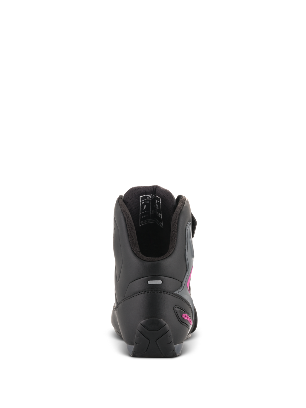 Zapatos Alpinestars Stella Faster-3 Drystar® para mujer, negro, gris oscuro y fucsia, vista trasera del talón que muestra la banda reflectante y el logo fucsia, zapatos de moto impermeables con suela texturizada y cuello acolchado