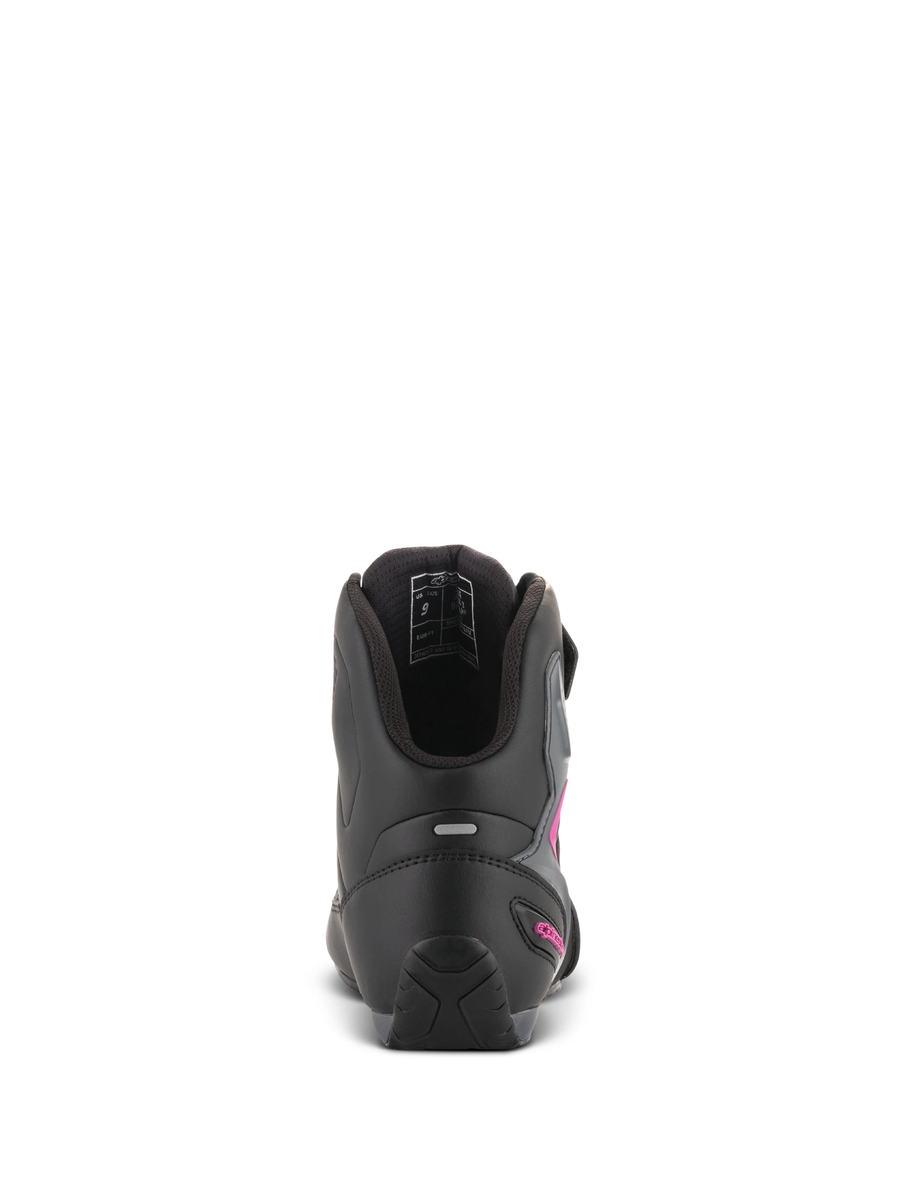 Zapatos Alpinestars Stella Faster-3 Drystar® para mujer, negro, gris oscuro y fucsia, vista trasera del talón que muestra la banda reflectante y el logo fucsia, zapatos de moto impermeables con suela texturizada y cuello acolchado