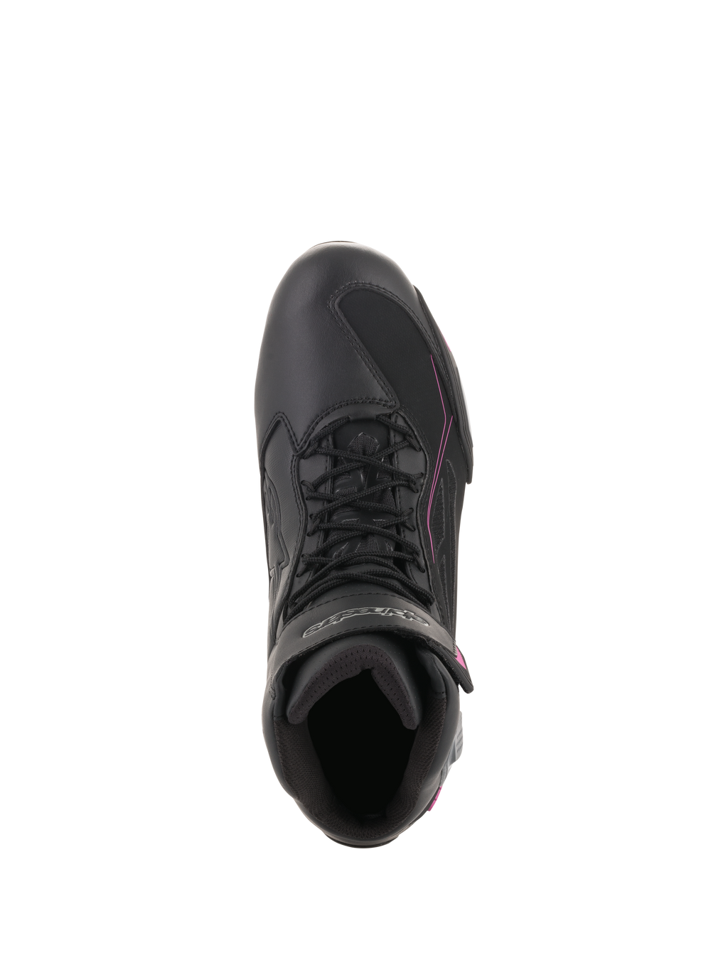 Zapatos Stella Faster-3 Drystar® de Alpinestars para mujer, calzado impermeable para motociclismo, negro, gris oscuro y fucsia, vista superior que muestra el cierre de cordones y la correa de velcro, calzado protector estilizado para conducción urbana.