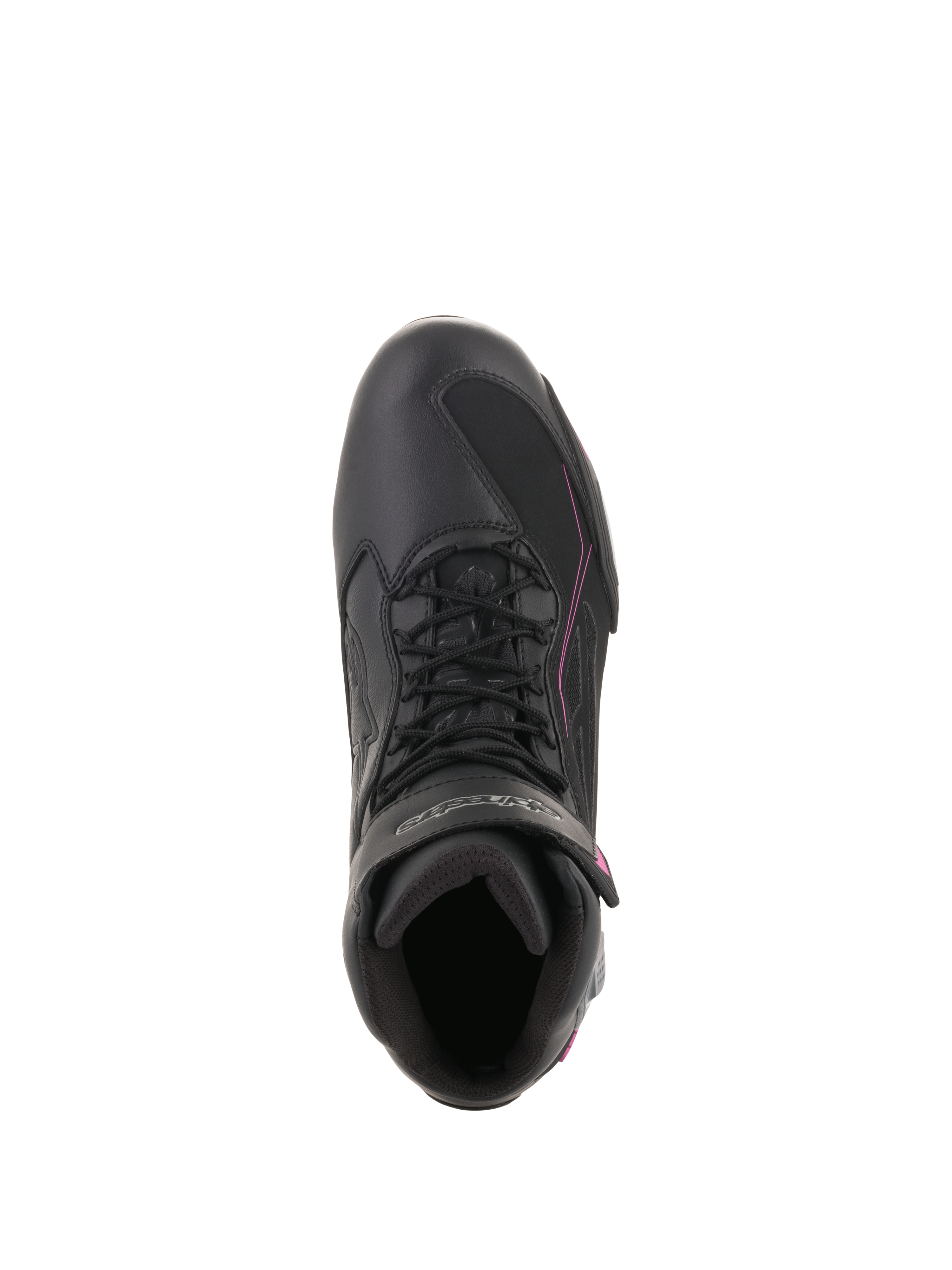 Zapatos Stella Faster-3 Drystar® de Alpinestars para mujer, calzado impermeable para motociclismo, negro, gris oscuro y fucsia, vista superior que muestra el cierre de cordones y la correa de velcro, calzado protector estilizado para conducción urbana.