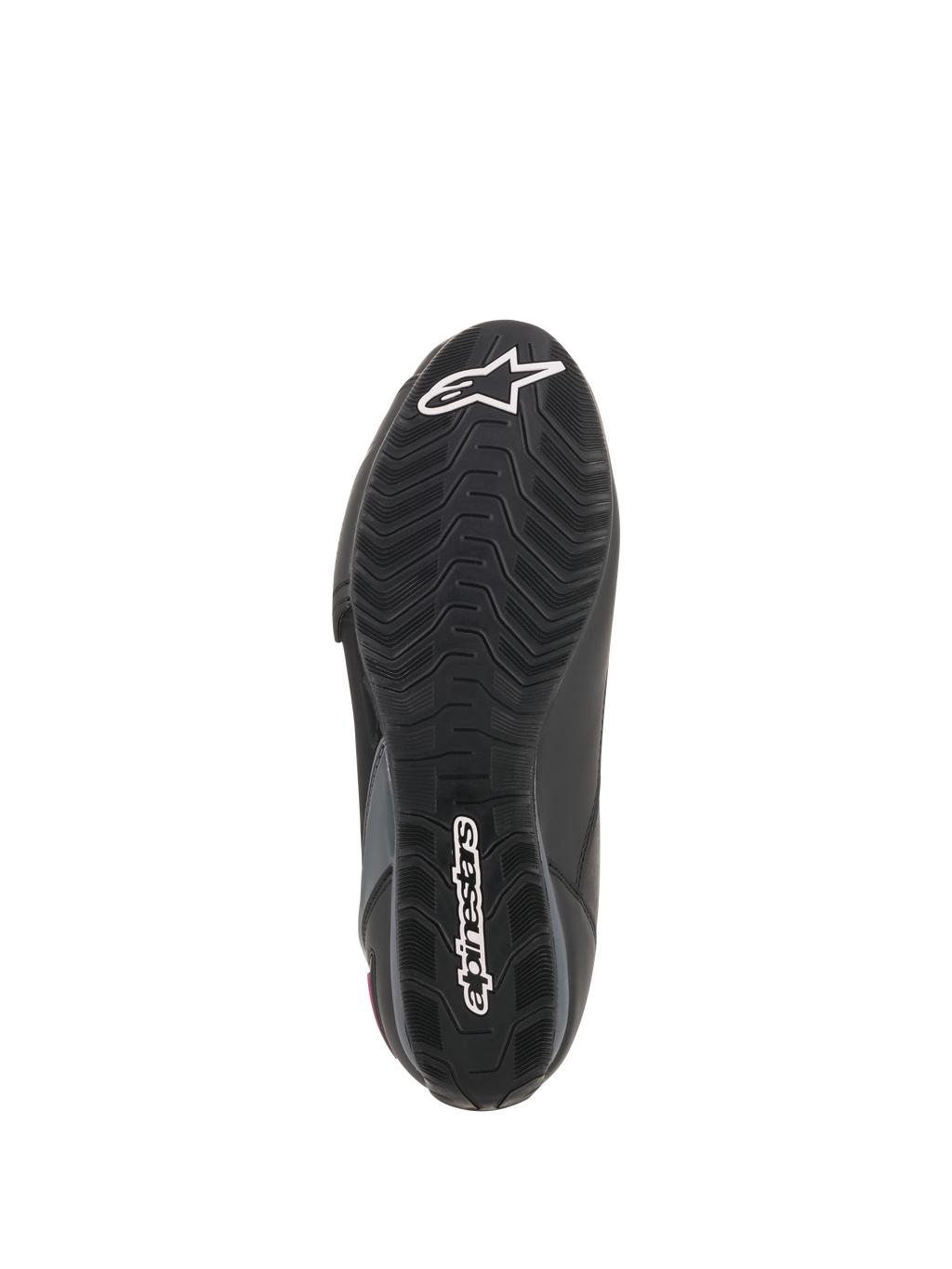 Zapatos Alpinestars Stella Faster-3 Drystar® para mujer, vista de la suela, suela de caucho negra con patrón de agarre texturizado, logotipo de estrella y nombre de marca Alpinestars en blanco, construcción duradera para motociclismo