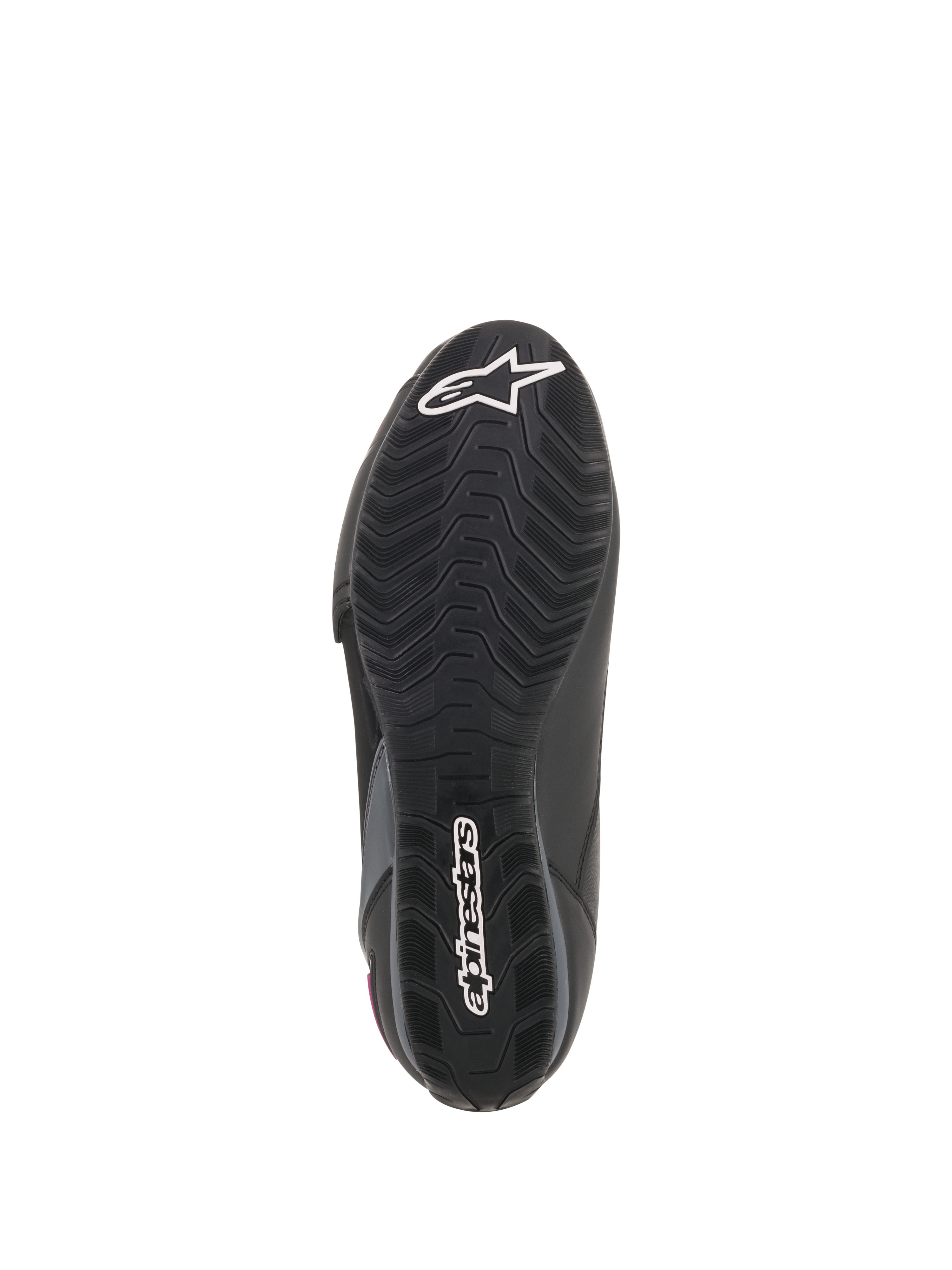 Zapatos Alpinestars Stella Faster-3 Drystar® para mujer, vista de la suela, suela de caucho negra con patrón de agarre texturizado, logotipo de estrella y nombre de marca Alpinestars en blanco, construcción duradera para motociclismo