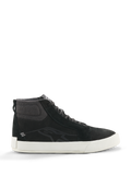 Alpinestars Ride-63 Leather Shoes, Black High-Top Sneakers, Motorcycle Urban Footwear, White Sole, Textured Fabric Ankle Collar, Black Suede Panels, Minimalist Design