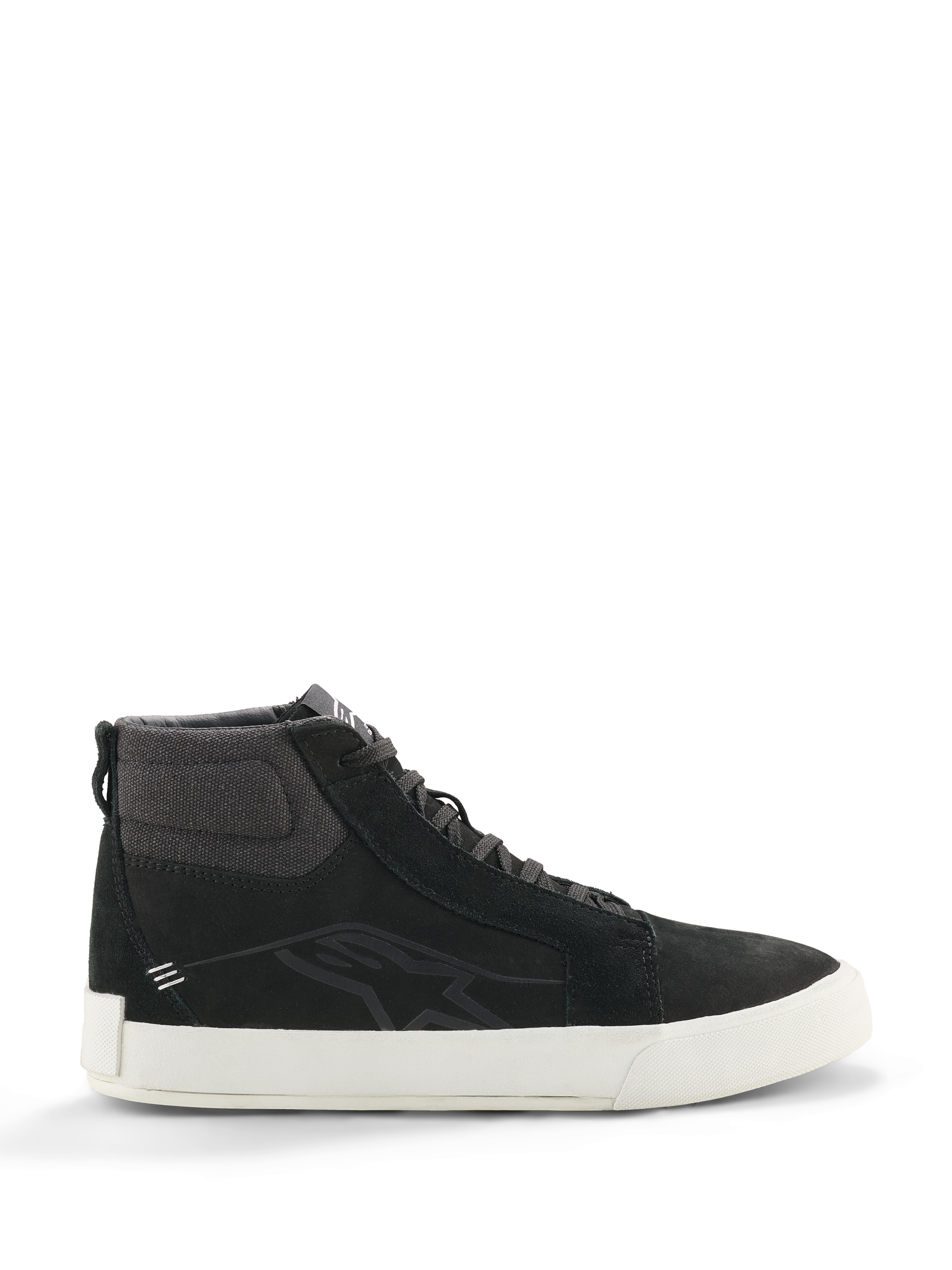 Alpinestars Ride-63 Leather Shoes, Black High-Top Sneakers, Motorcycle Urban Footwear, White Sole, Textured Fabric Ankle Collar, Black Suede Panels, Minimalist Design