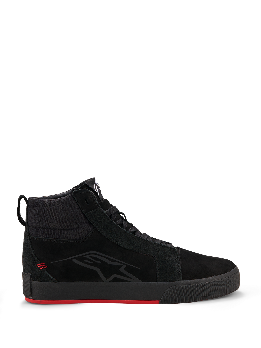 Zapatos de cuero Alpinestars Ride-63, calzado urbano para moto, negro y rojo brillante, diseño de bota alta inspirado en el skate, parte superior de cuero premium y nubuck, suela vulcanizada negra con base en rojo brillante, logotipo sutil en el lateral, estilo urbano casual para motociclista