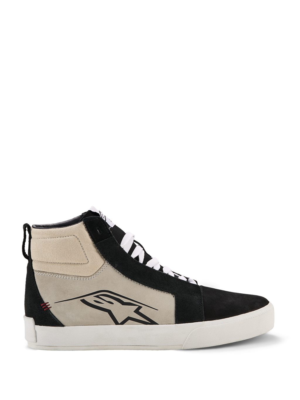 Alpinestars Ride-63 Leather Shoes, zapatillas de moto de caña alta, negro, gris frío y blanco, perfil lateral con logo A-star negro, suela vulcanizada blanca, refuerzos de ante, cordones blancos, calzado urbano casual para motociclismo