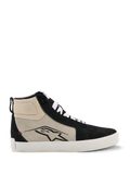 Alpinestars Ride-63 Leather Shoes, zapatillas de moto de caña alta, negro, gris frío y blanco, perfil lateral con logo A-star negro, suela vulcanizada blanca, refuerzos de ante, cordones blancos, calzado urbano casual para motociclismo
