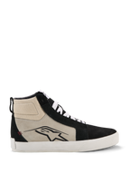 Alpinestars Ride-63 Leather Shoes, zapatillas de moto de caña alta, negro, gris frío y blanco, perfil lateral con logo A-star negro, suela vulcanizada blanca, refuerzos de ante, cordones blancos, calzado urbano casual para motociclismo