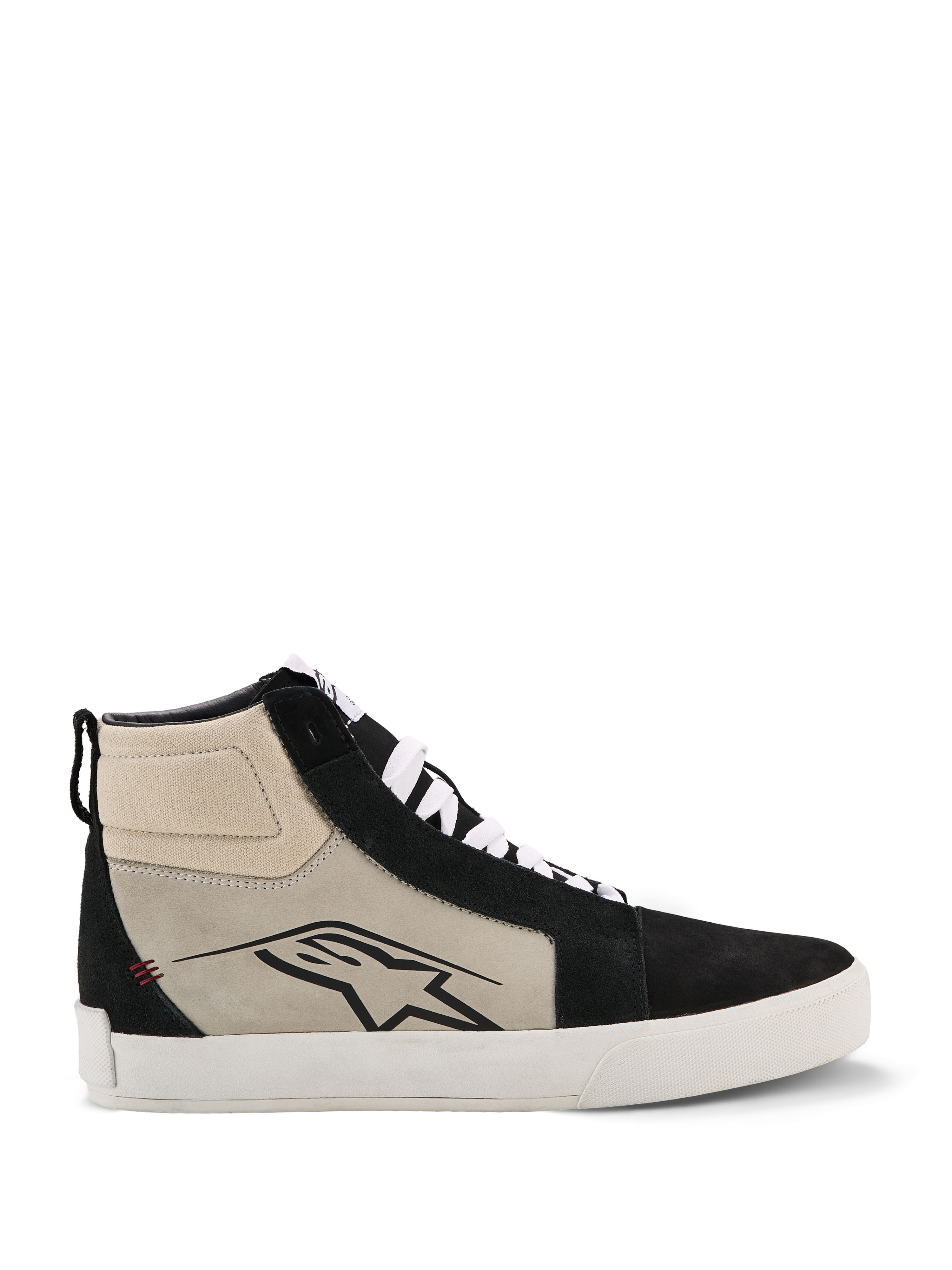 Alpinestars Ride-63 Leather Shoes, zapatillas de moto de caña alta, negro, gris frío y blanco, perfil lateral con logo A-star negro, suela vulcanizada blanca, refuerzos de ante, cordones blancos, calzado urbano casual para motociclismo