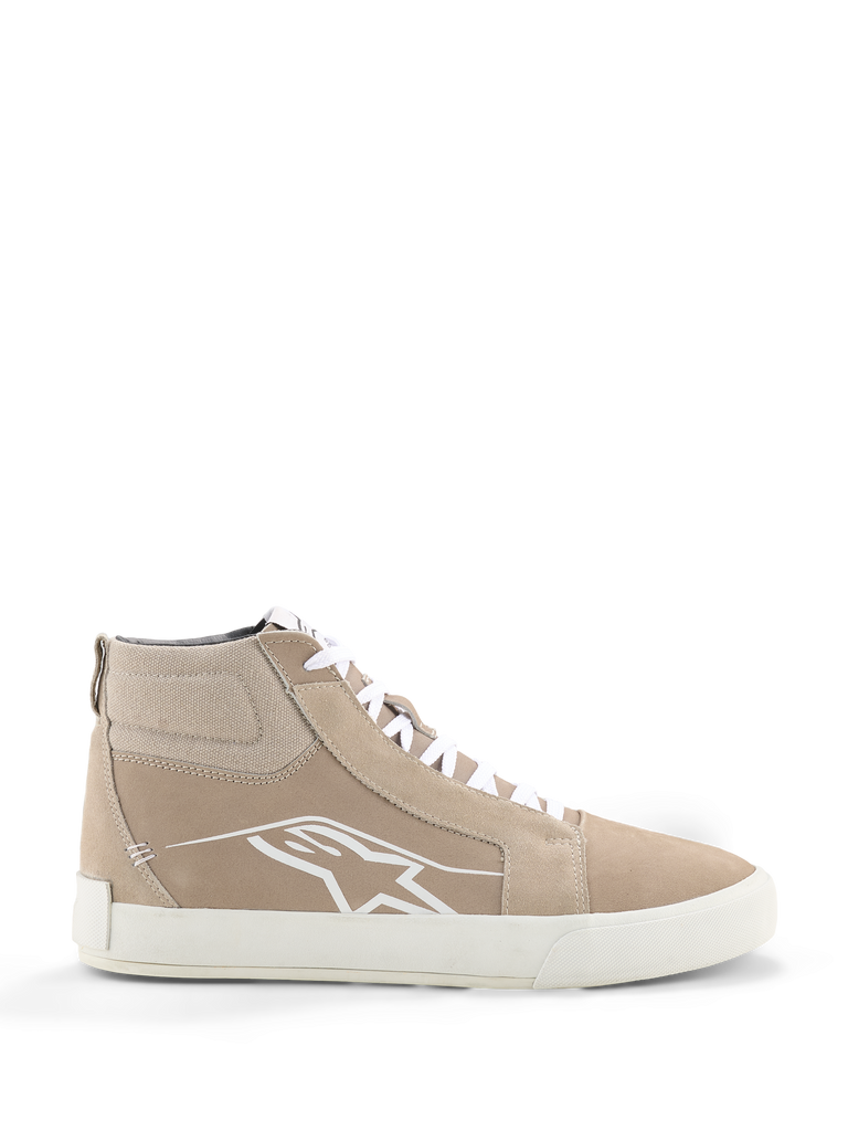Alpinestars Ride-63 Leather Shoes, Urban Motorcycle Shoes, Sand and White, high-top street-style silhouette with suede panels, featuring white laces, a white Astars logo on the side, and a white vulcanized rubber sole