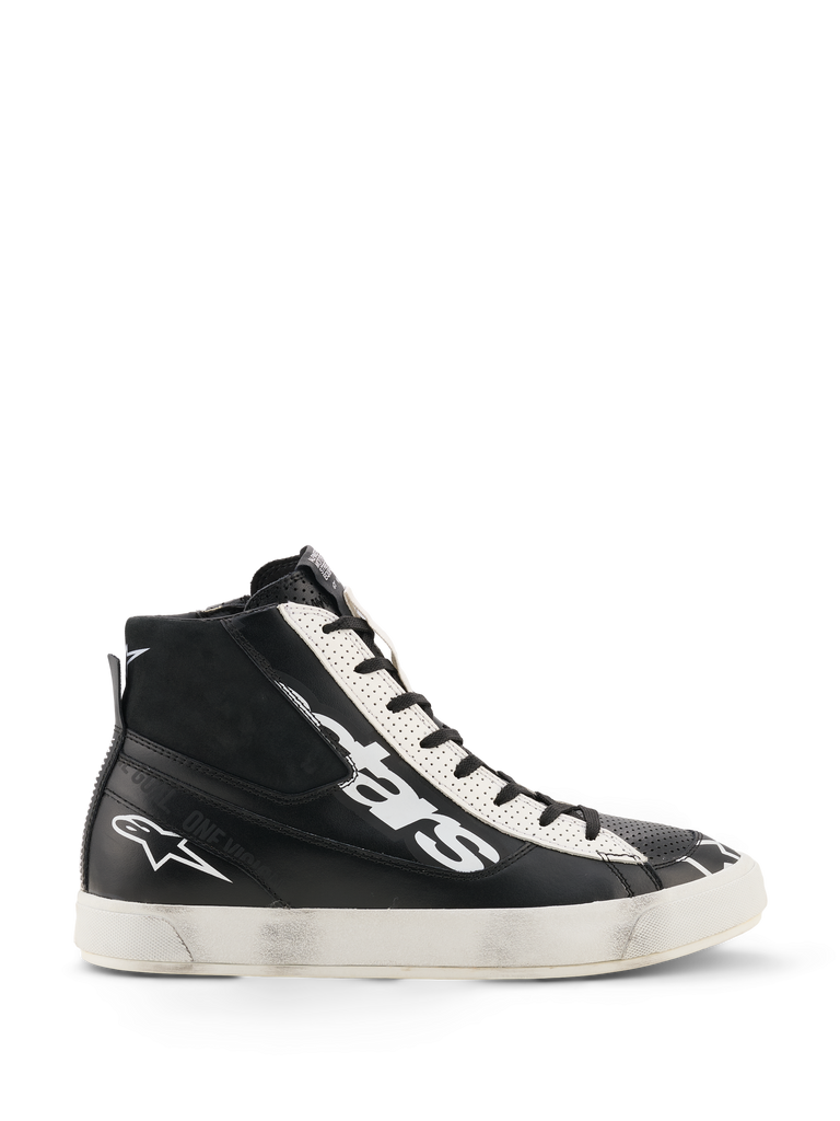 Alpinestars Stated Flair Shoes, High-Top Sneakers, Black and White, perforated leather panels, casual urban style, off-white sole