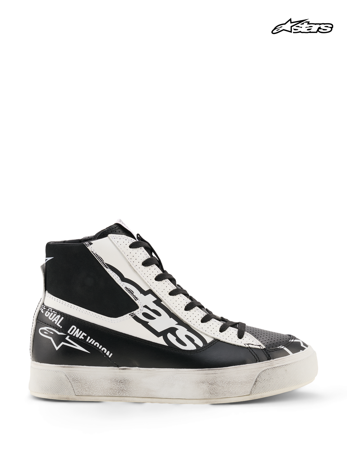 Zapatos de moto para mujer Alpinestars Stella Stated Flair, negros y blancos, silueta de caña alta con protección en el tobillo y certificación CE, vista de perfil lateral con acabado desgastado y suela de caucho vulcanizado