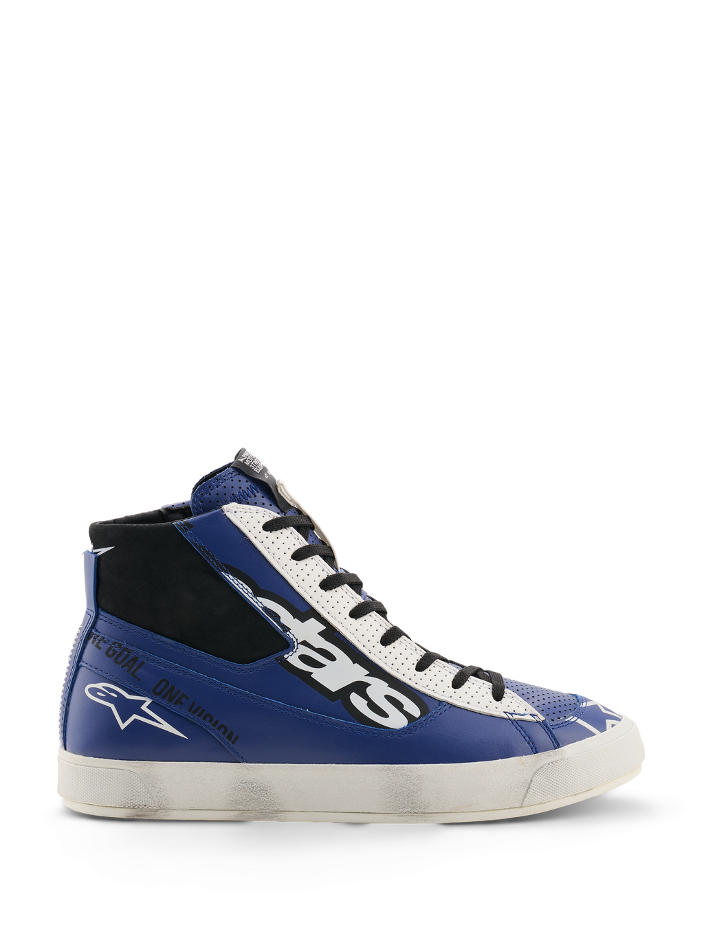 Alpinestars Stated Flair Shoes, zapatillas urbanas para moto, azul brillante, blanco y negro, construcción de cuero de caña alta con un gran logotipo de estrellas en blanco y negro, texto 'One Goal. One Vision.' en el lateral y suela vulcanizada blanca de inspiración vintage con efecto desgastado aplicado a mano.