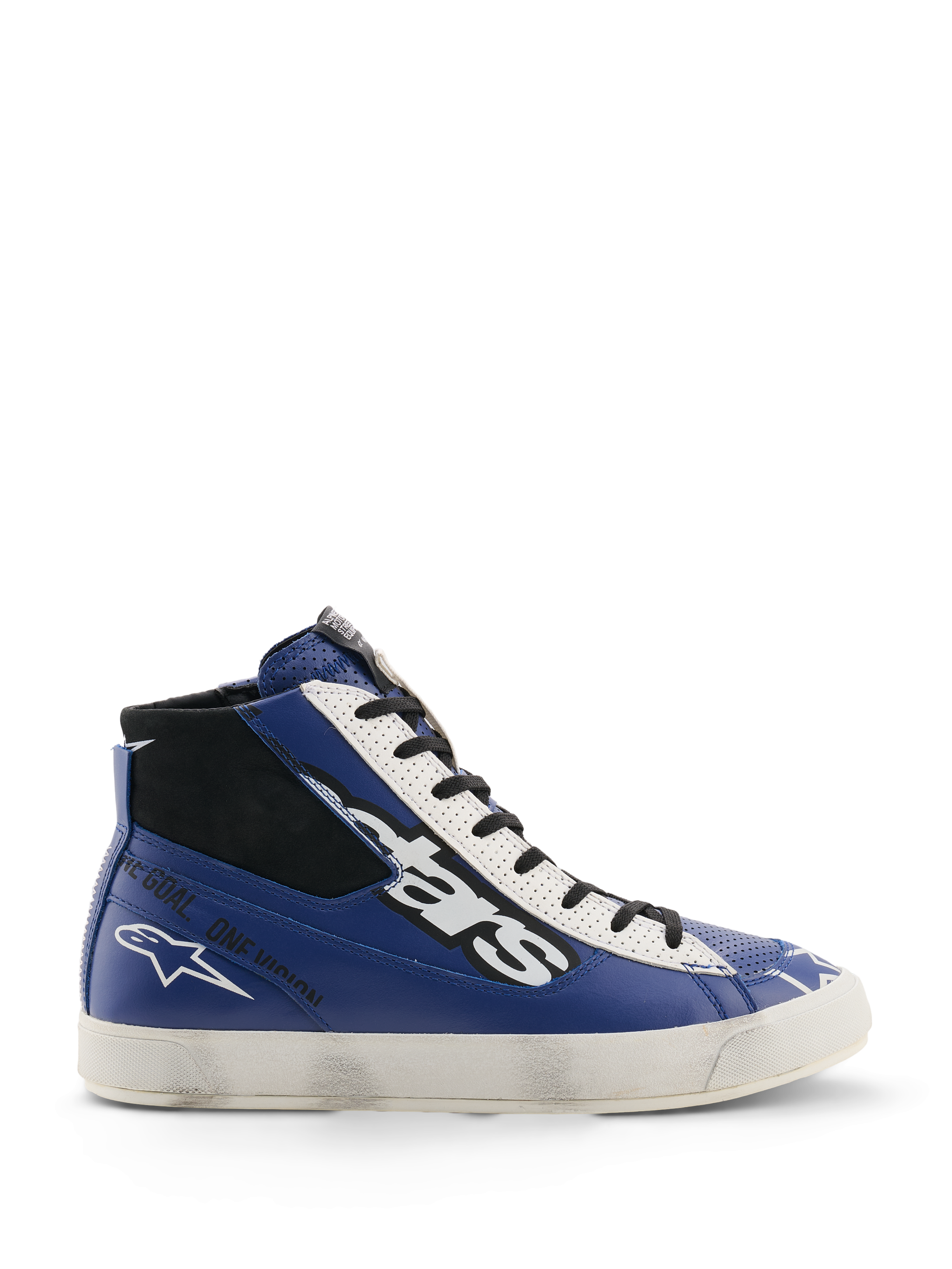 Alpinestars Stated Flair Shoes, zapatillas urbanas para moto, azul brillante, blanco y negro, construcción de cuero de caña alta con un gran logotipo de estrellas en blanco y negro, texto 'One Goal. One Vision.' en el lateral y suela vulcanizada blanca de inspiración vintage con efecto desgastado aplicado a mano.