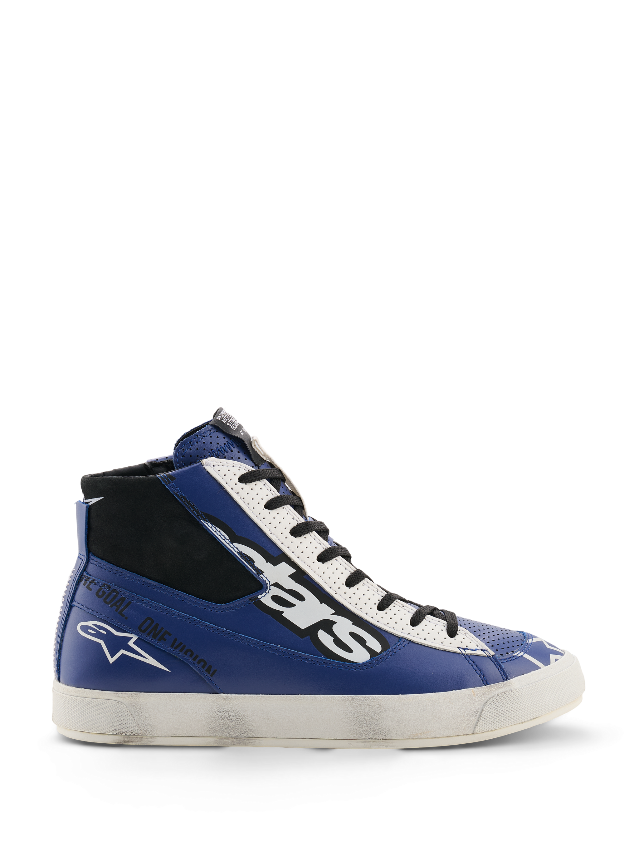 Alpinestars Stated Flair Shoes, High-Top Sneakers, Blue Black and White, Perforated Leather Upper, White Sole, Bold Stars Logo, Urban Streetwear Footwear
