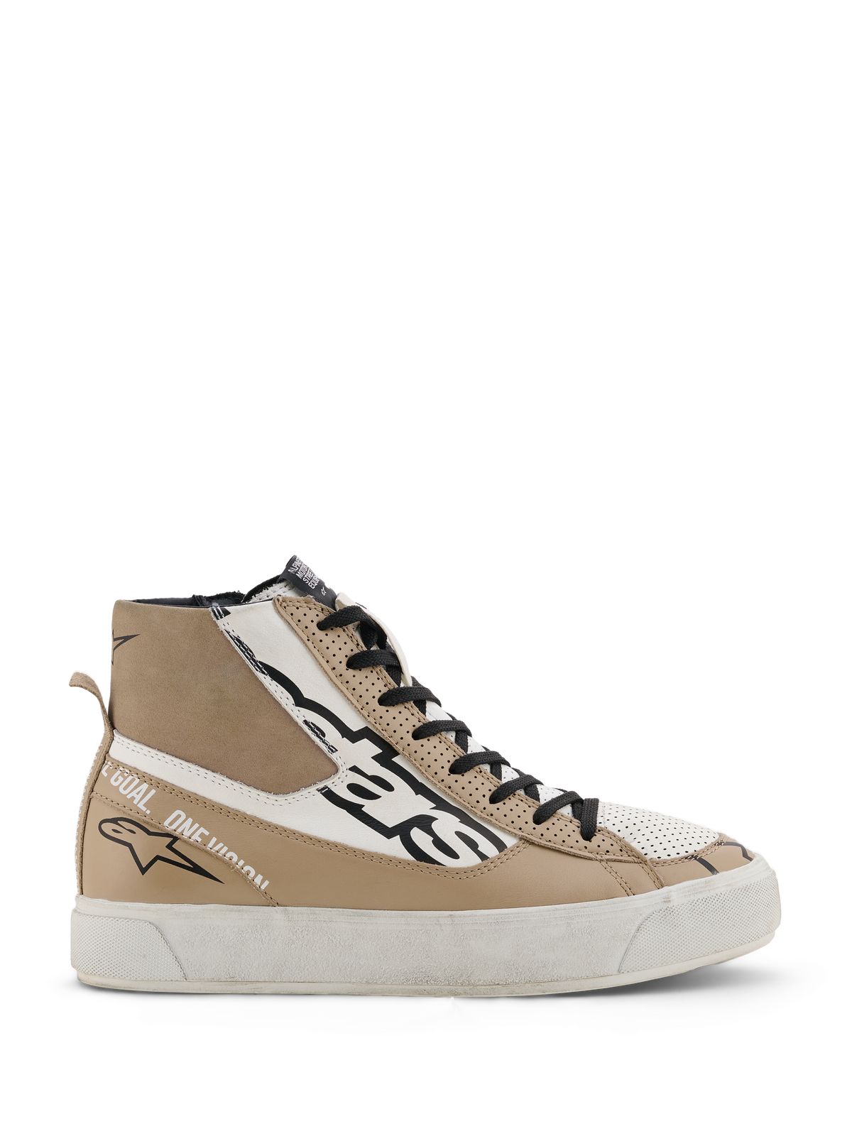 Alpinestars Stella Stated Flair Shoes, zapatillas altas de motociclismo para mujer en gris cálido y blanco, con cordones negros, detalles de cuero perforado y el texto 'One Goal. One Vision.' en el lateral.