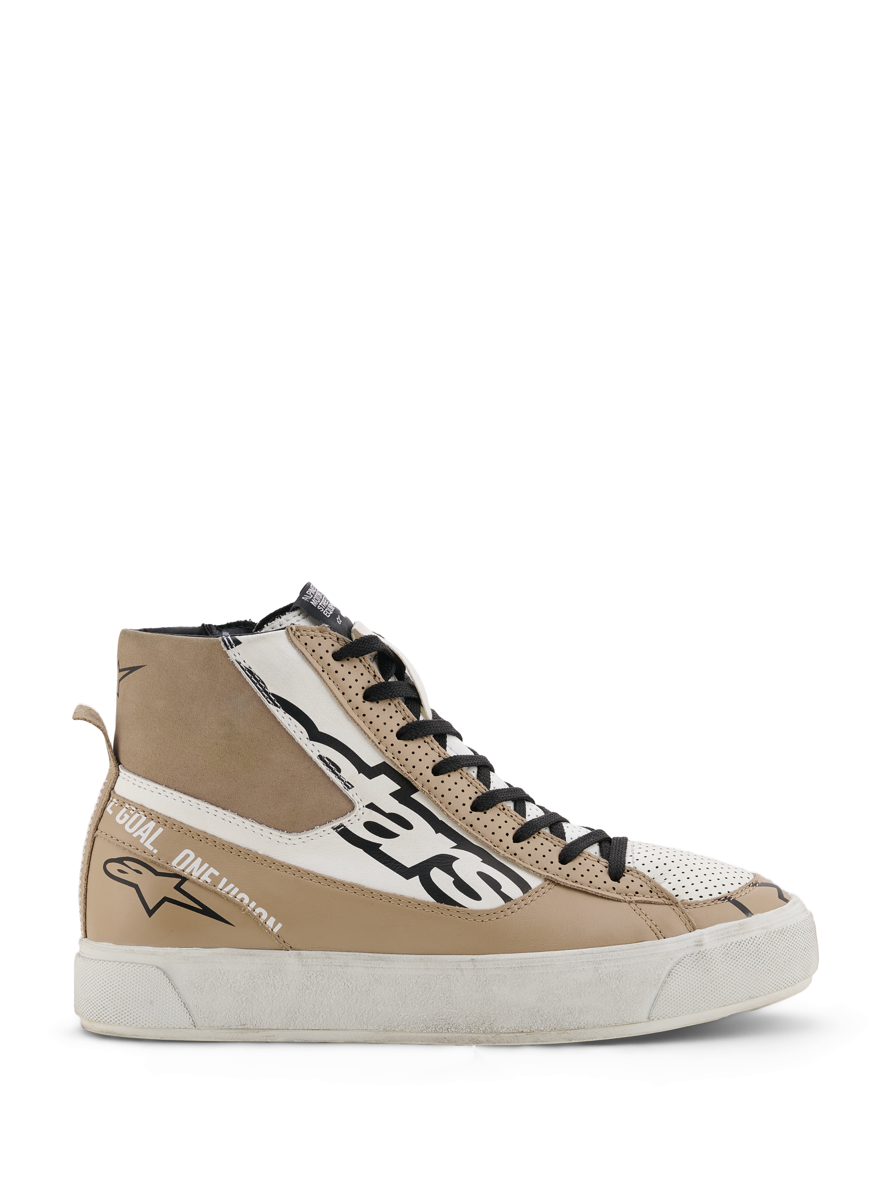 Alpinestars Stella Stated Flair Shoes, zapatillas altas de motociclismo para mujer en gris cálido y blanco, con cordones negros, detalles de cuero perforado y el texto 'One Goal. One Vision.' en el lateral.