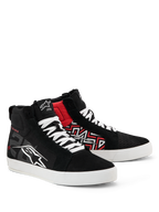 Alpinestars FQ20 Ride-63 Canvas Shoes, Casual Street Riding Shoes, Black White and Bright Red, high-top canvas design with white laces and soles, featuring Alpinestars logos and red geometric graphics, motorsport-inspired lifestyle footwear