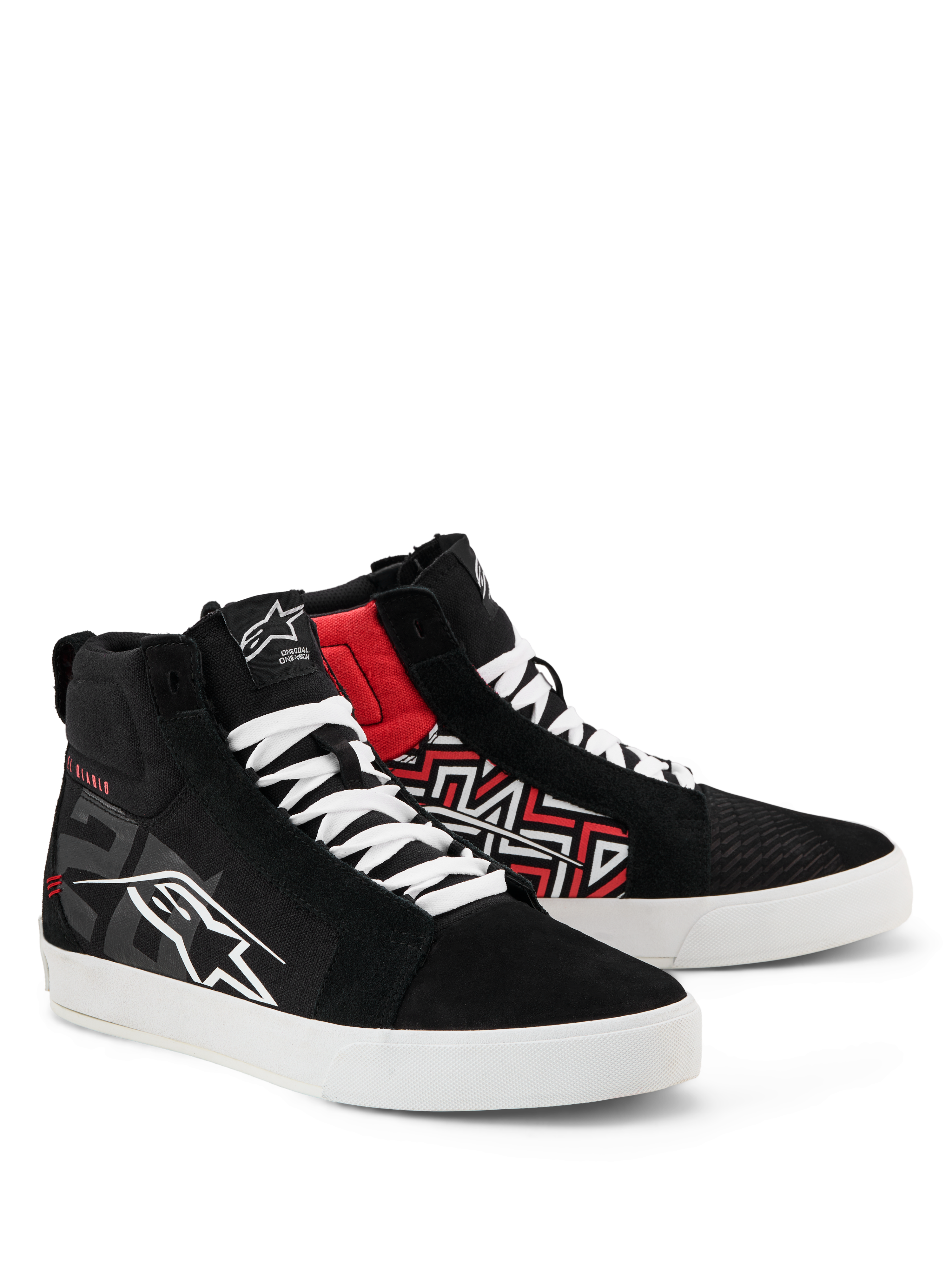 Alpinestars FQ20 Ride-63 Canvas Shoes, Casual Street Riding Shoes, Black White and Bright Red, high-top canvas design with white laces and soles, featuring Alpinestars logos and red geometric graphics, motorsport-inspired lifestyle footwear