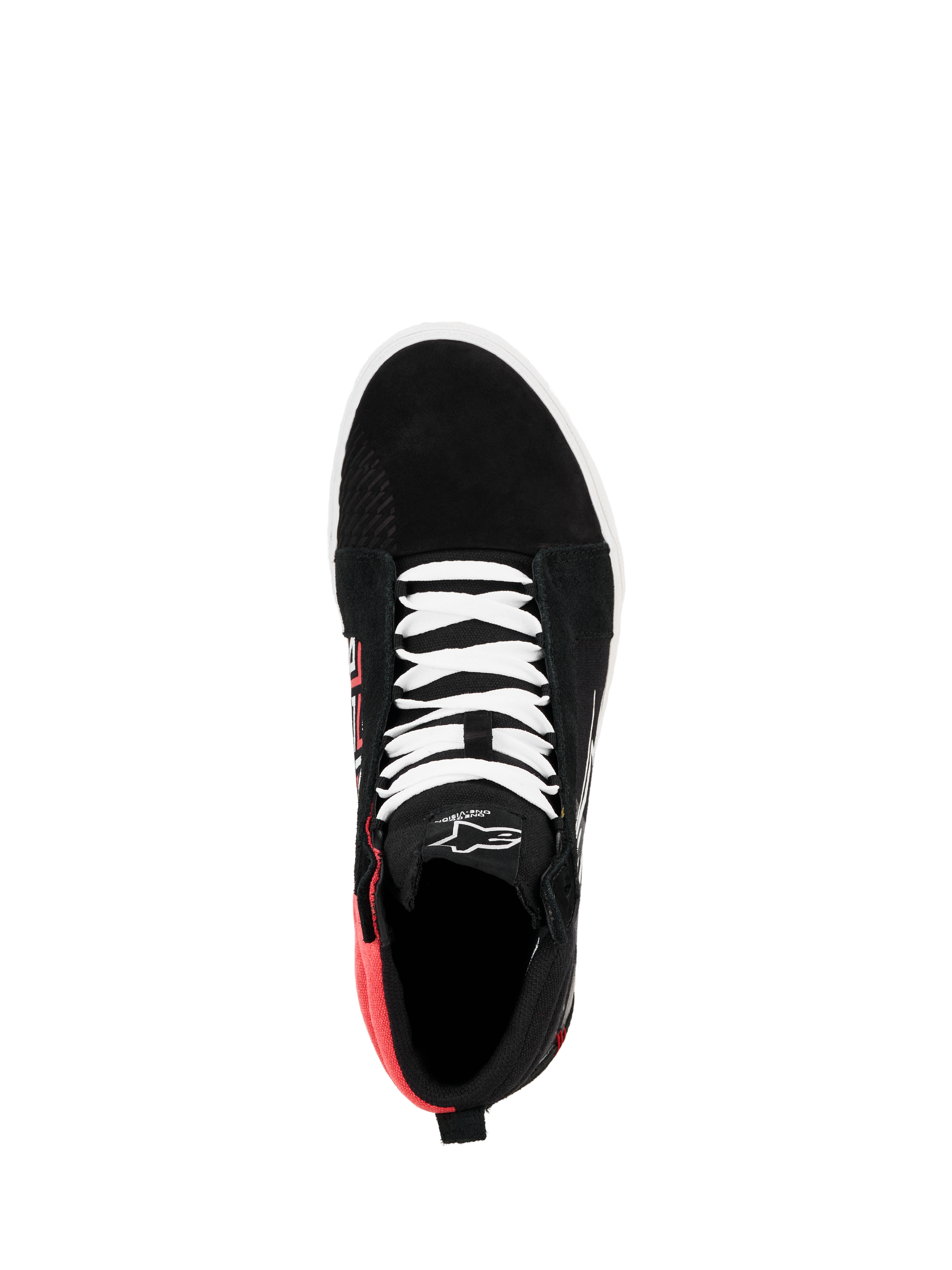 Alpinestars FQ20 Ride-63 Canvas Shoe, top-down view, Black with white laces and Bright Red heel section, high-top casual riding shoe with Alpinestars logo on the tongue
