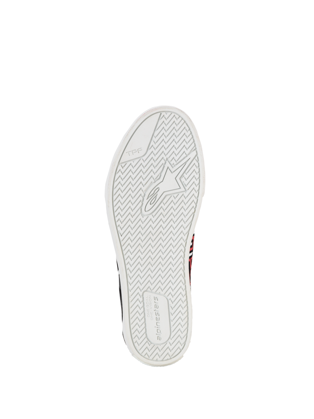 Alpinestars FQ20 Ride-63 Canvas Shoes, Urban Motorcycle Shoes, sole view featuring white vulcanized rubber with textured herringbone tread, Alpinestars logo and TPF marking, designed for grip and comfort on and off the bike.