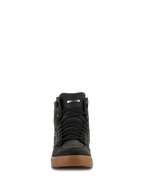Zapato impermeable Alpinestars J-6, zapato para motociclismo, Black Gum, vista frontal que muestra cordones negros y suela de goma marrón, diseño estilo zapatilla para conducción urbana