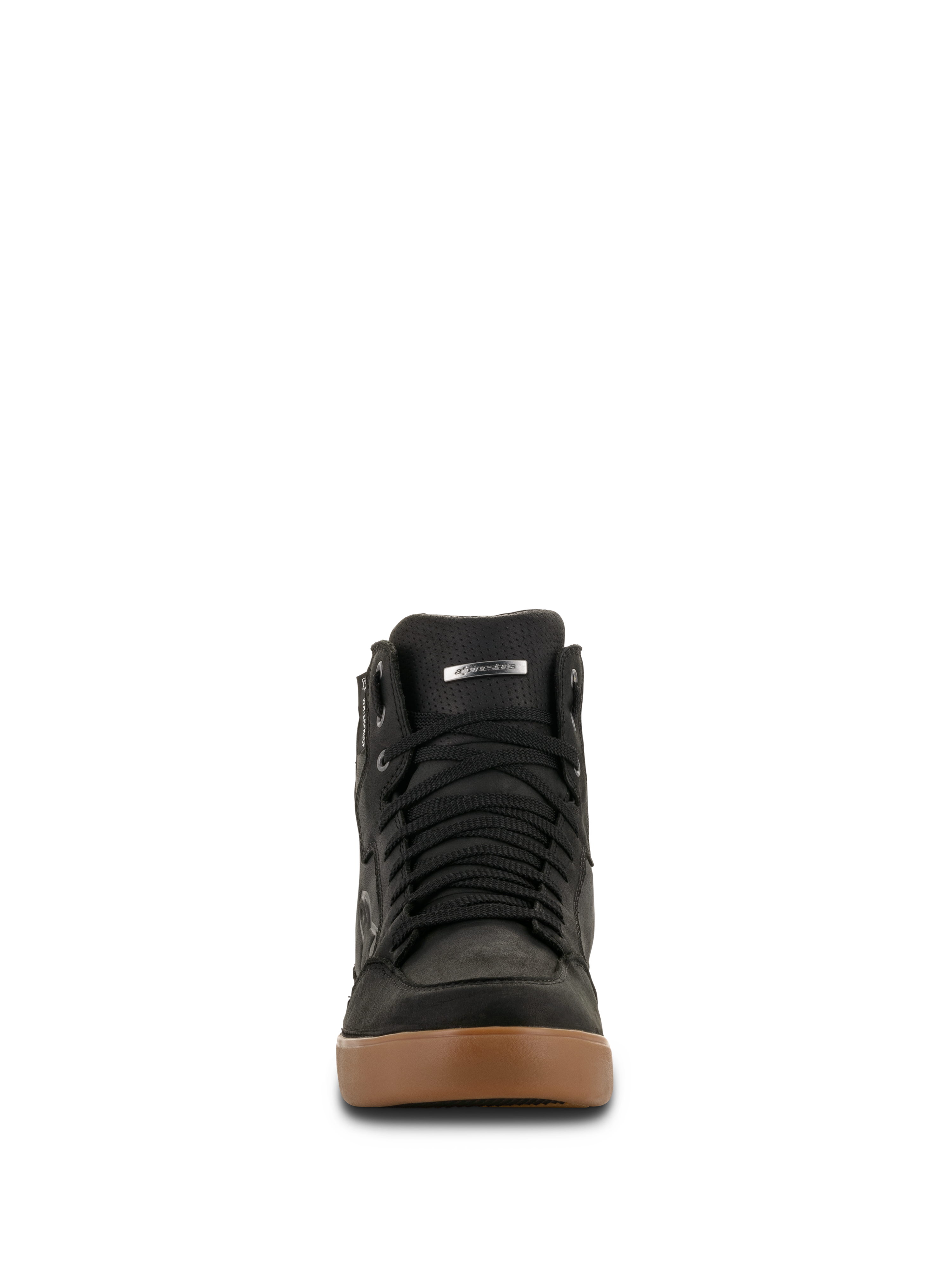 Zapato impermeable Alpinestars J-6, zapato para motociclismo, Black Gum, vista frontal que muestra cordones negros y suela de goma marrón, diseño estilo zapatilla para conducción urbana