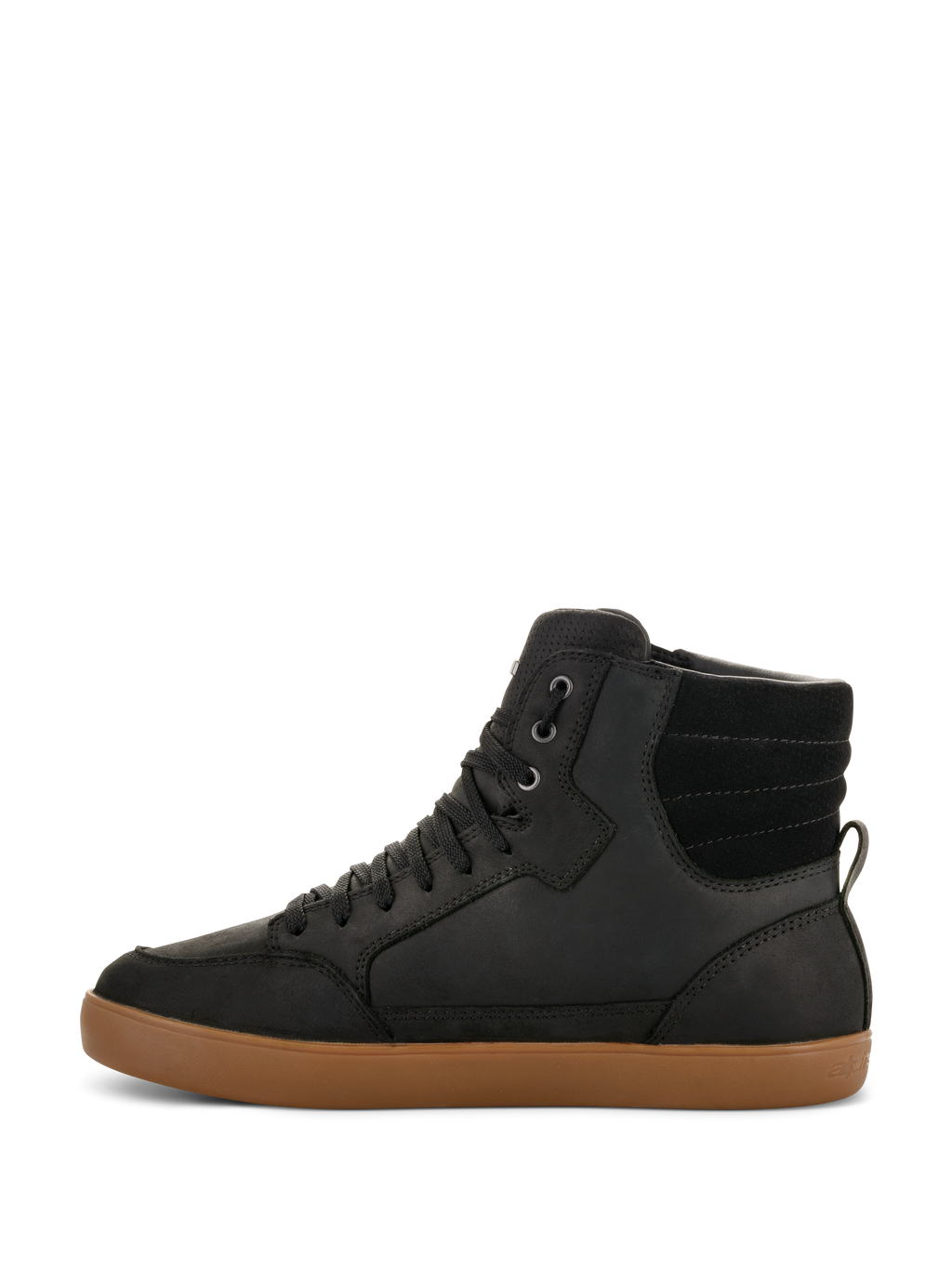 Zapato impermeable Alpinestars J-6, zapato de conducción para motocicleta, negro con suela de goma marrón, vista de perfil lateral, diseño de zapatilla de caña alta, parte superior de cuero, calzado urbano casual para moto