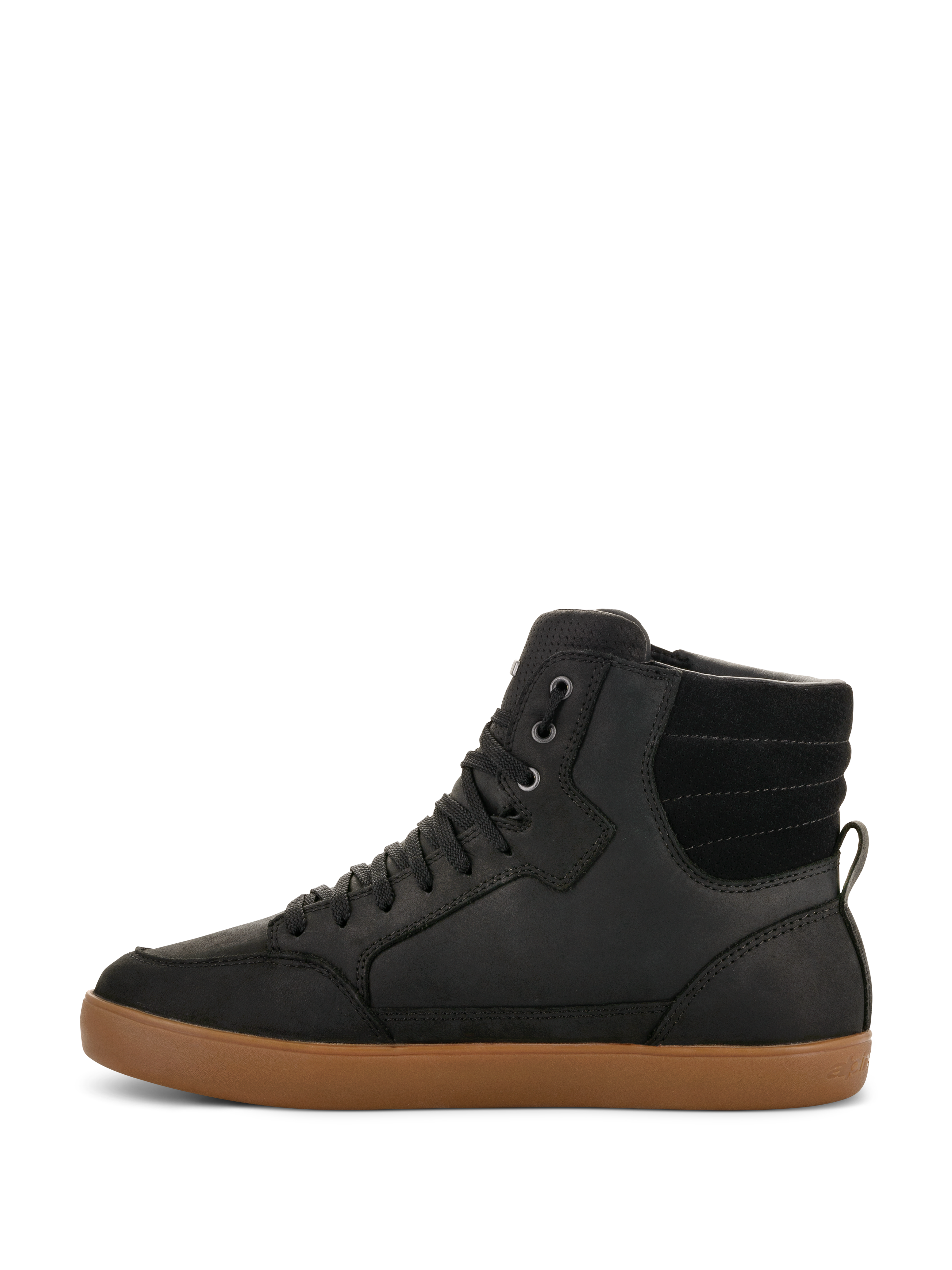 Zapato impermeable Alpinestars J-6, zapato de conducción para motocicleta, negro con suela de goma marrón, vista de perfil lateral, diseño de zapatilla de caña alta, parte superior de cuero, calzado urbano casual para moto
