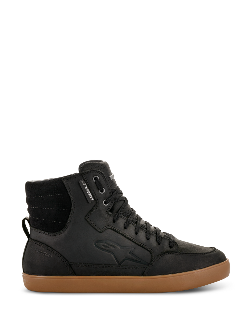 Alpinestars J-6 Waterproof Shoe, zapatilla de motociclismo de caña alta negra con suela de goma marrón, calzado urbano impermeable, cuenta con cuello acolchado, cordones negros, logotipo grabado sutil y confección en cuero