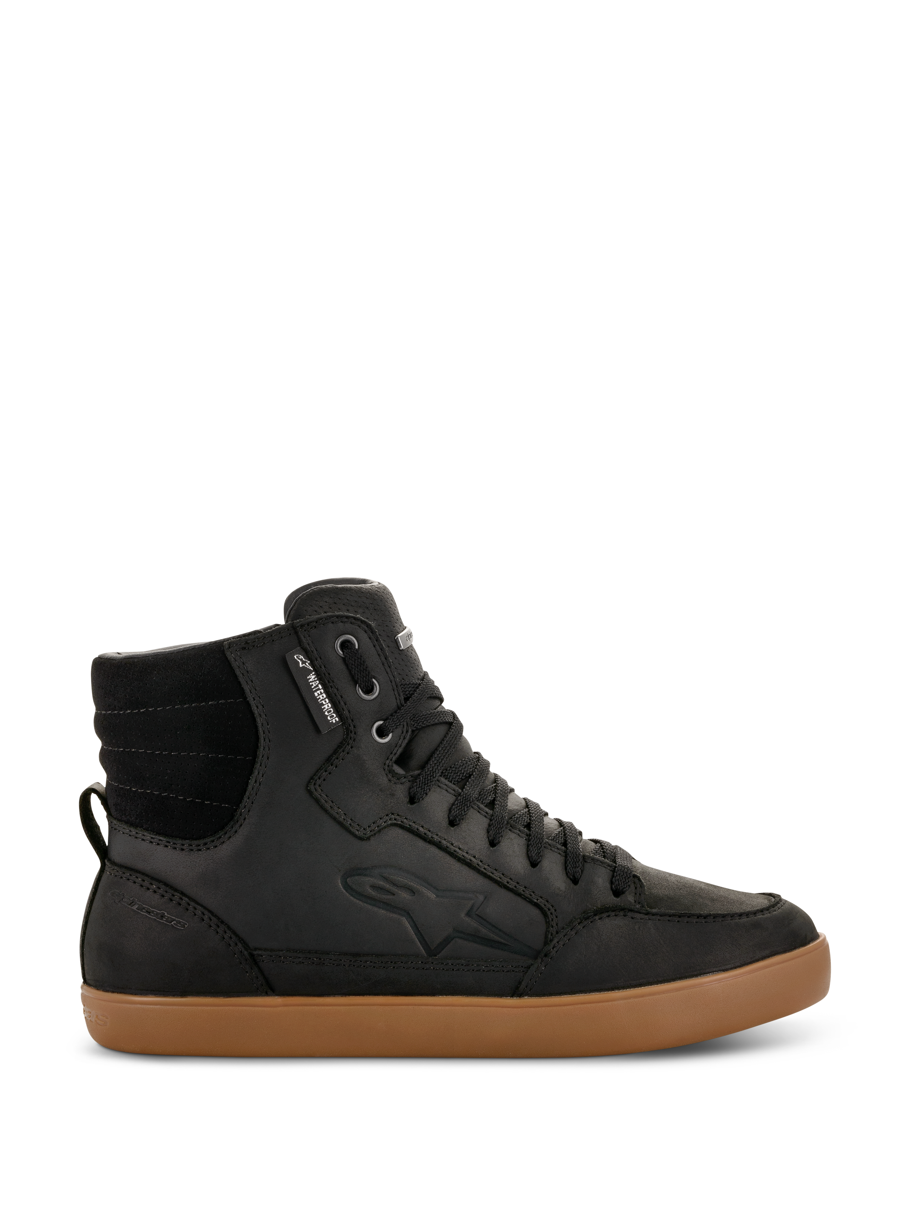Alpinestars J-6 Waterproof Shoe, zapatilla de motociclismo de caña alta negra con suela de goma marrón, calzado urbano impermeable, cuenta con cuello acolchado, cordones negros, logotipo grabado sutil y confección en cuero
