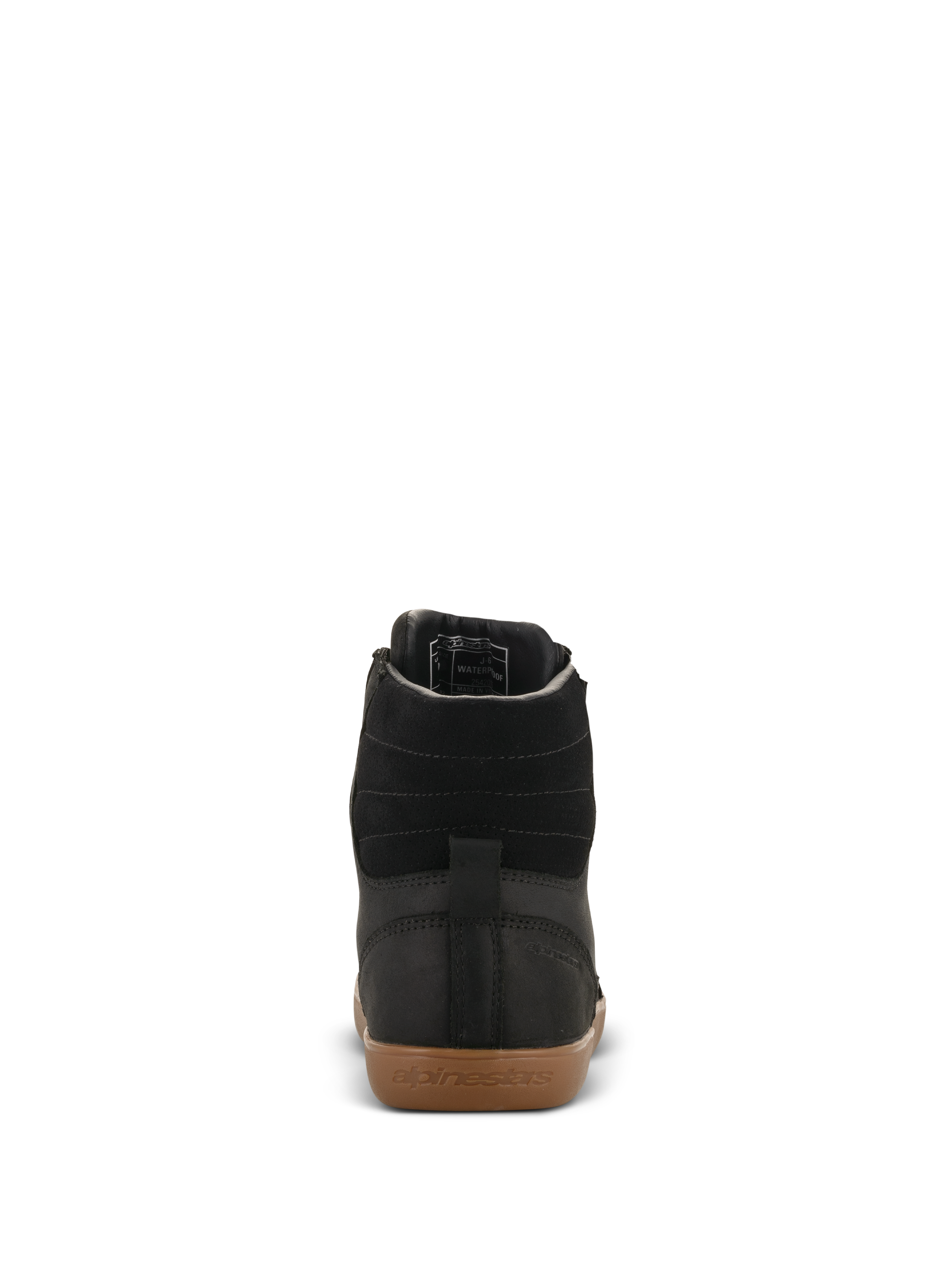 Alpinestars J-6 Waterproof Shoe, zapato para motociclismo, negro y color caramelo, vista trasera con parte superior de cuero negro de alta calidad, costuras horizontales en el tobillo y suela de goma con el logotipo de Alpinestars en relieve.