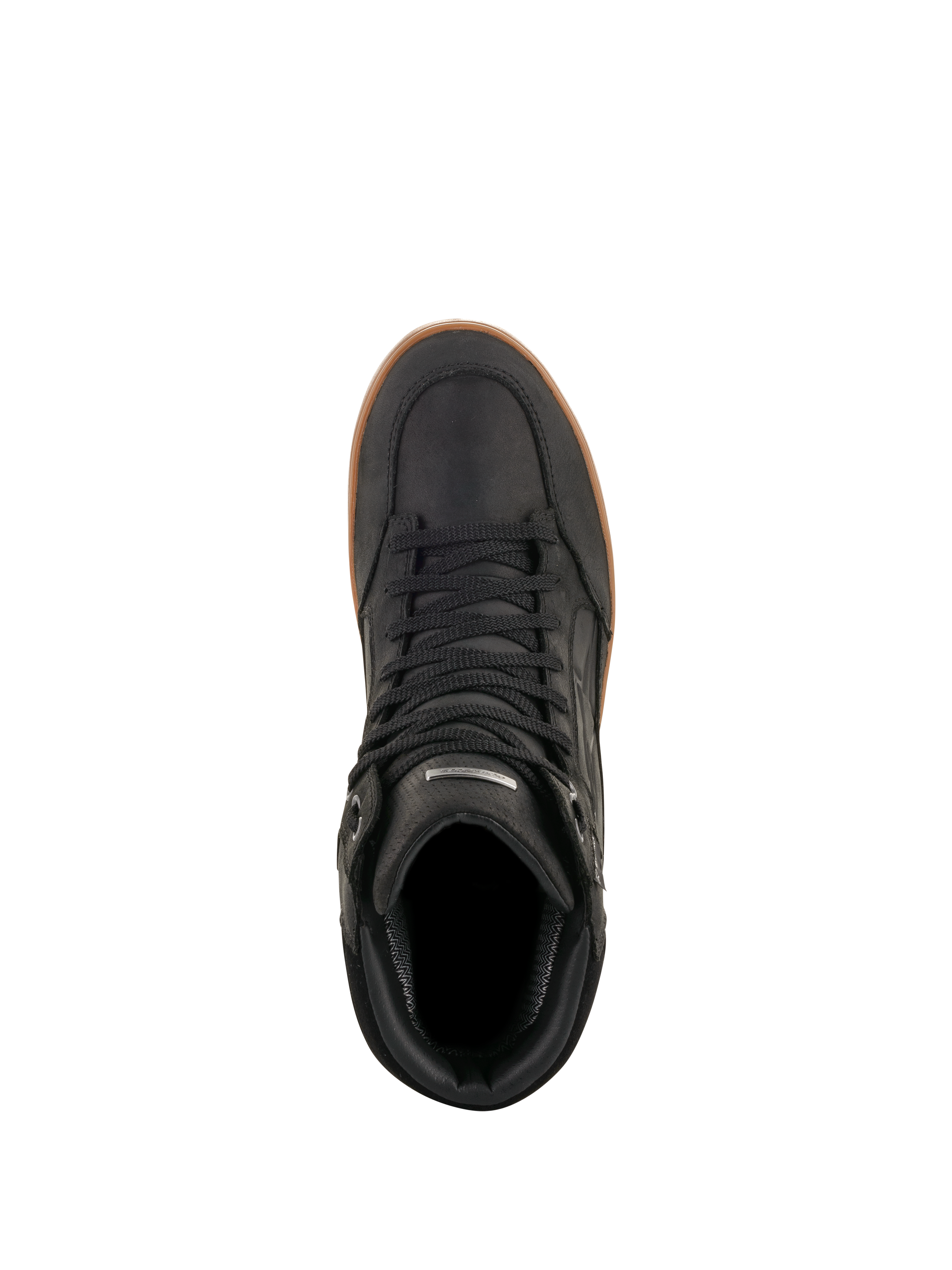 Zapato Alpinestars J-6 Waterproof, Black Gum, vista superior, zapato de conducción de moto en cuero negro con suela de goma color caramelo, calzado urbano estilo zapatilla con cordones negros