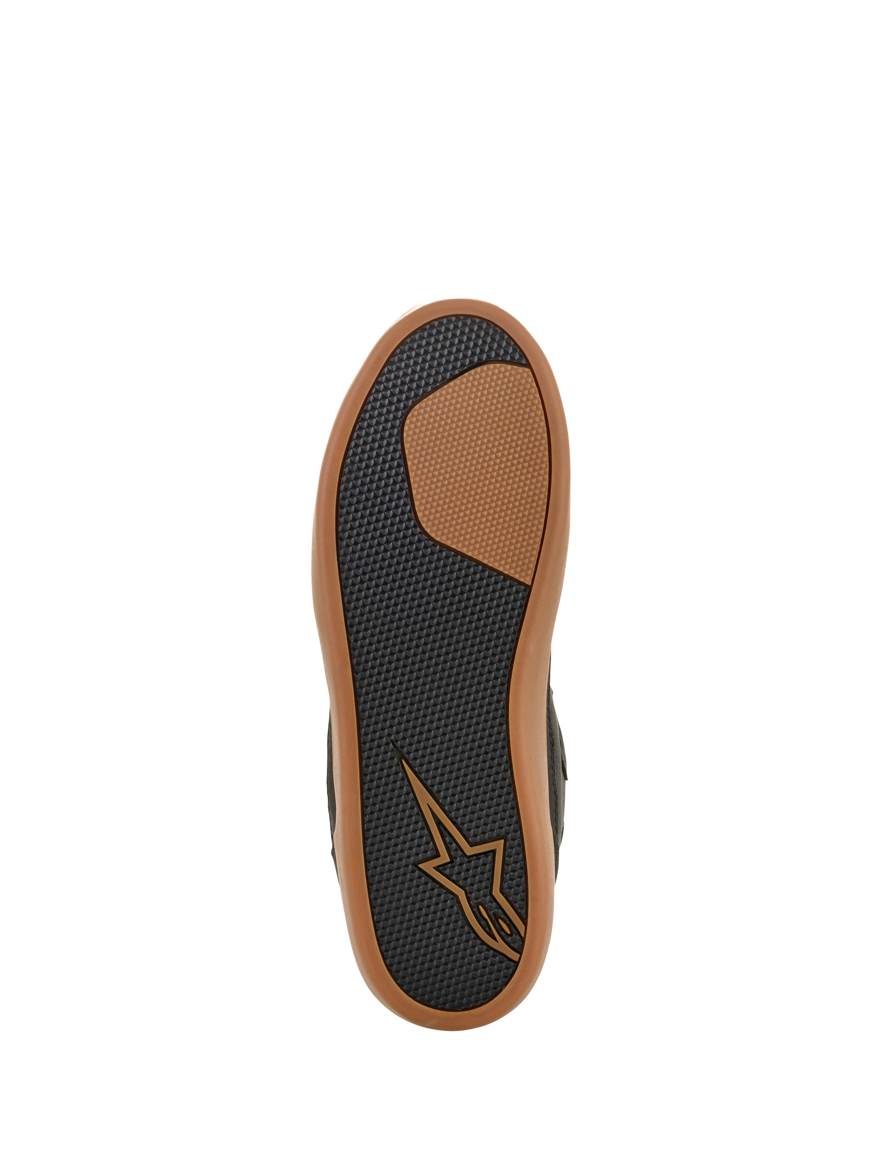 Zapato Impermeable Alpinestars J-6, vista de la suela, negro y caramelo, dibujo de goma texturizada para agarre y durabilidad, con logotipo Astars en color canela y borde exterior de color caramelo, calzado de moto estilo zapatilla