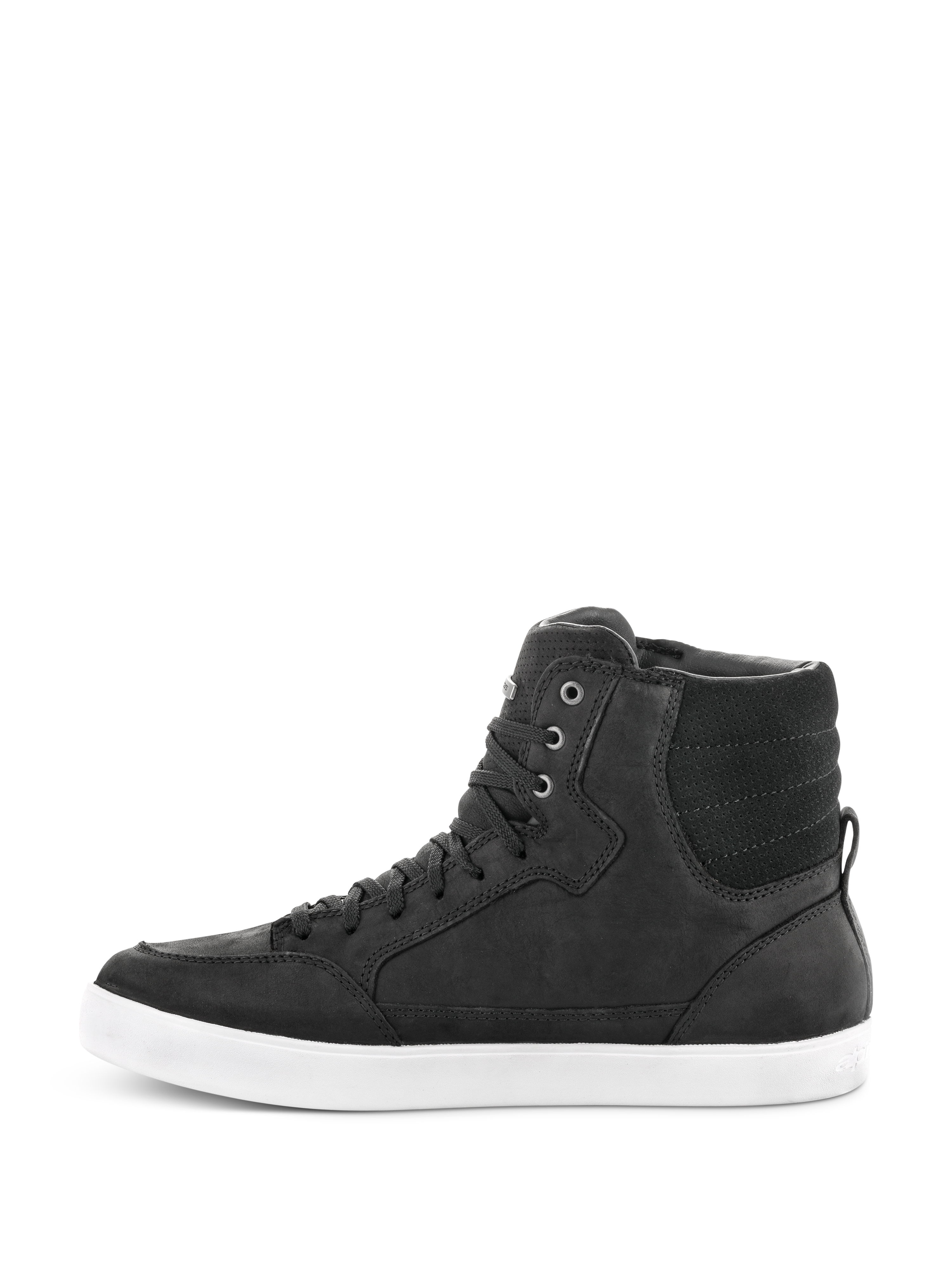 Zapato impermeable Alpinestars J-6, negro y blanco, perfil lateral de zapatilla de conducción de caña alta, construcción de cuero negro con suela de goma blanca, calzado urbano para motocicleta con diseño de cordones