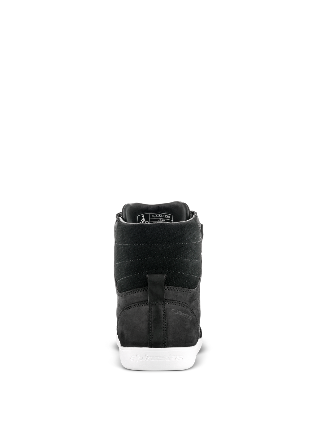 Zapato Impermeable Alpinestars J-6, calzado de conducción para moto, negro y blanco, vista trasera que muestra el talón y la parte superior de cuero texturizado con suela de goma blanca