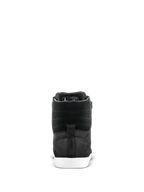 Zapato Impermeable Alpinestars J-6, calzado de conducción para moto, negro y blanco, vista trasera que muestra el talón y la parte superior de cuero texturizado con suela de goma blanca