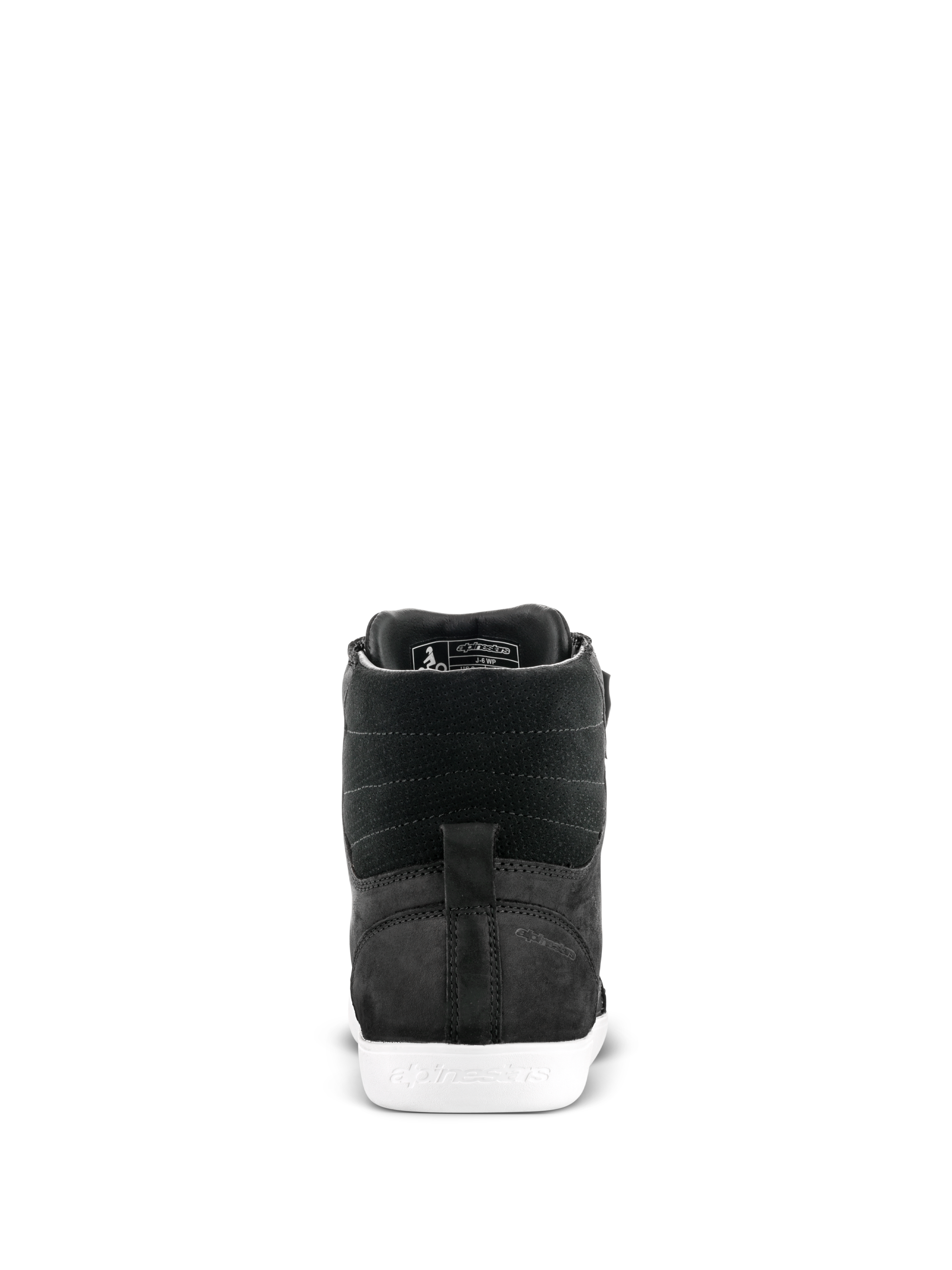 Zapato Impermeable Alpinestars J-6, calzado de conducción para moto, negro y blanco, vista trasera que muestra el talón y la parte superior de cuero texturizado con suela de goma blanca