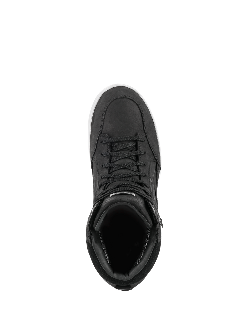 Alpinestars J-6 Waterproof Shoe, Negro y Blanco, vista aérea de bota de moto estilo zapatilla deportiva, confección en cuero negro premium con cordones a juego y detalle de suela blanca, calzado de conducción urbana