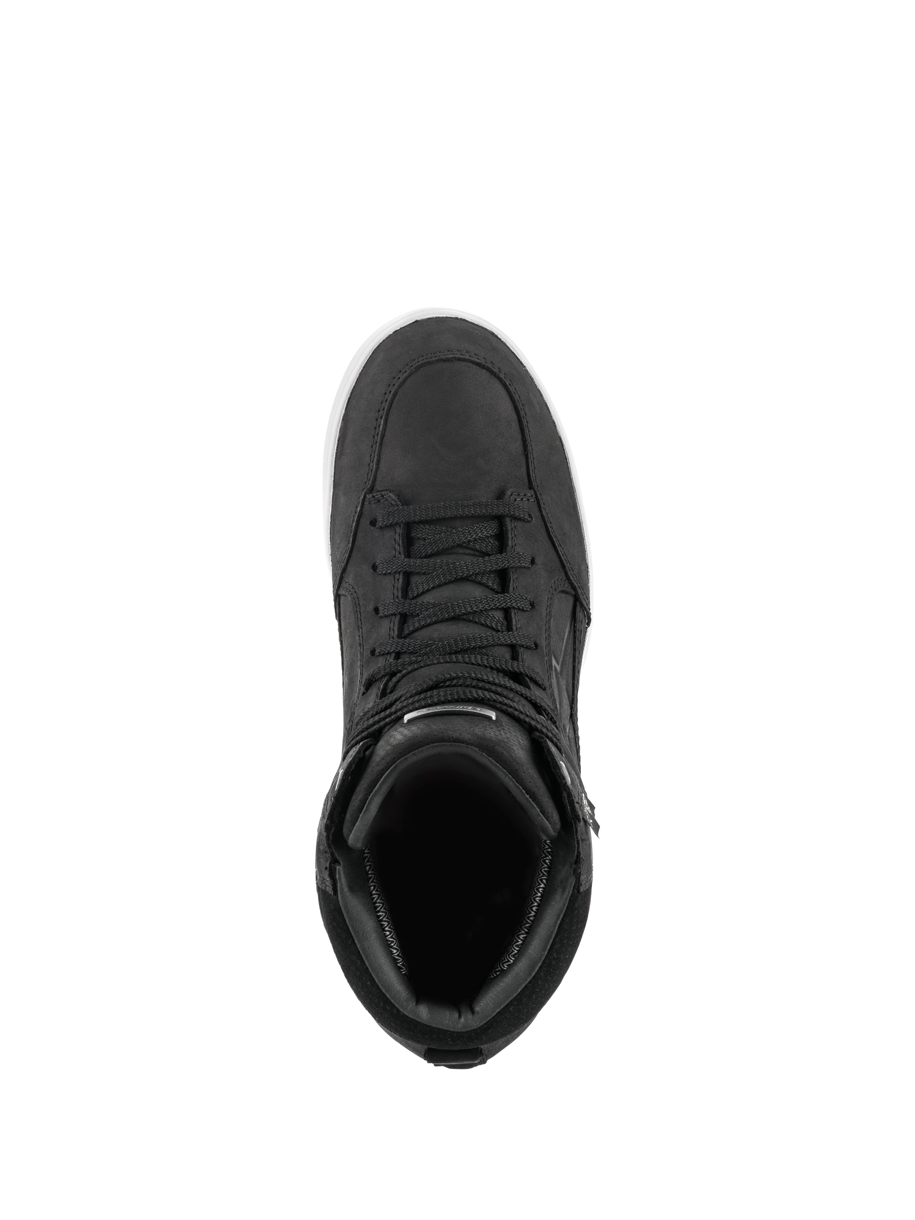 Alpinestars J-6 Waterproof Shoe, Negro y Blanco, vista aérea de bota de moto estilo zapatilla deportiva, confección en cuero negro premium con cordones a juego y detalle de suela blanca, calzado de conducción urbana