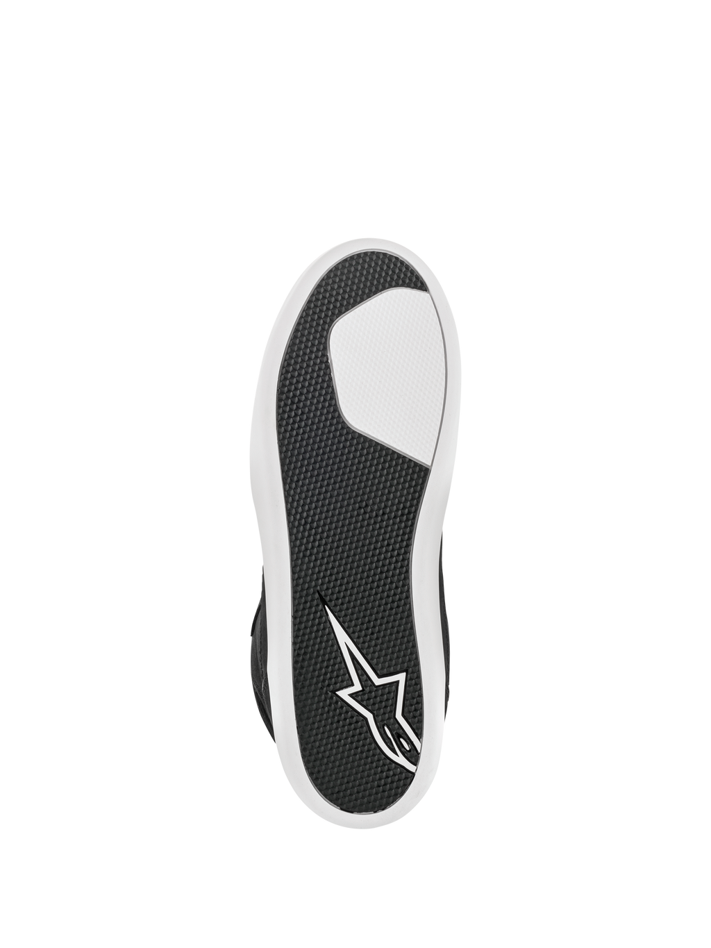 Zapato impermeable Alpinestars J-6, negro y blanco, vista inferior que muestra la suela de goma avanzada, patrón de agarre texturizado para mayor durabilidad, logotipo de estrella blanca en el talón, calzado urbano para motociclismo